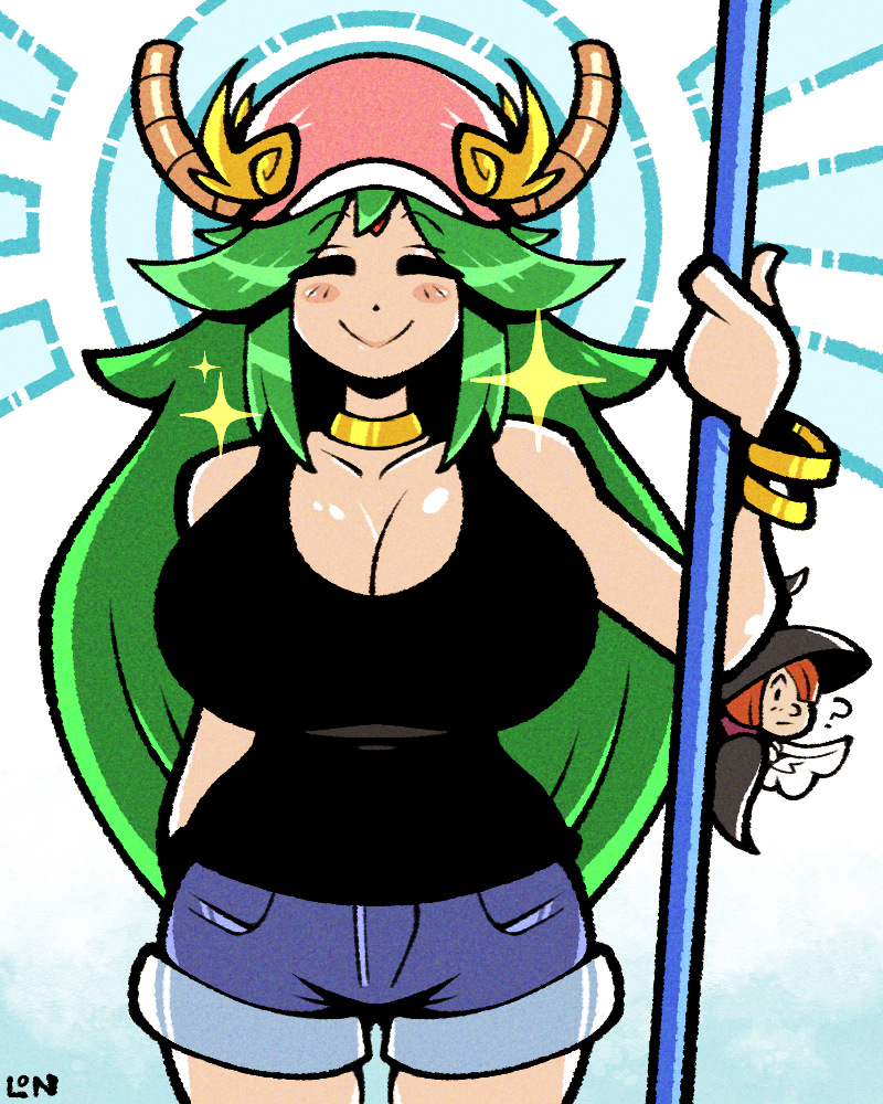 legendofnerd, lucoa (maidragon), palutena, kid icarus, kobayashi-san chi no maidragon, nintendo, 2girls, adapted costume, black singlet, breasts, cleavage, cosplay, flipped bangs, green hair, hat, holding, holding staff, horns, huge breasts, long hair, lucoa (maidragon) (cosplay), multiple girls, shorts, singlet, smile, sparkle, staff, very long hair