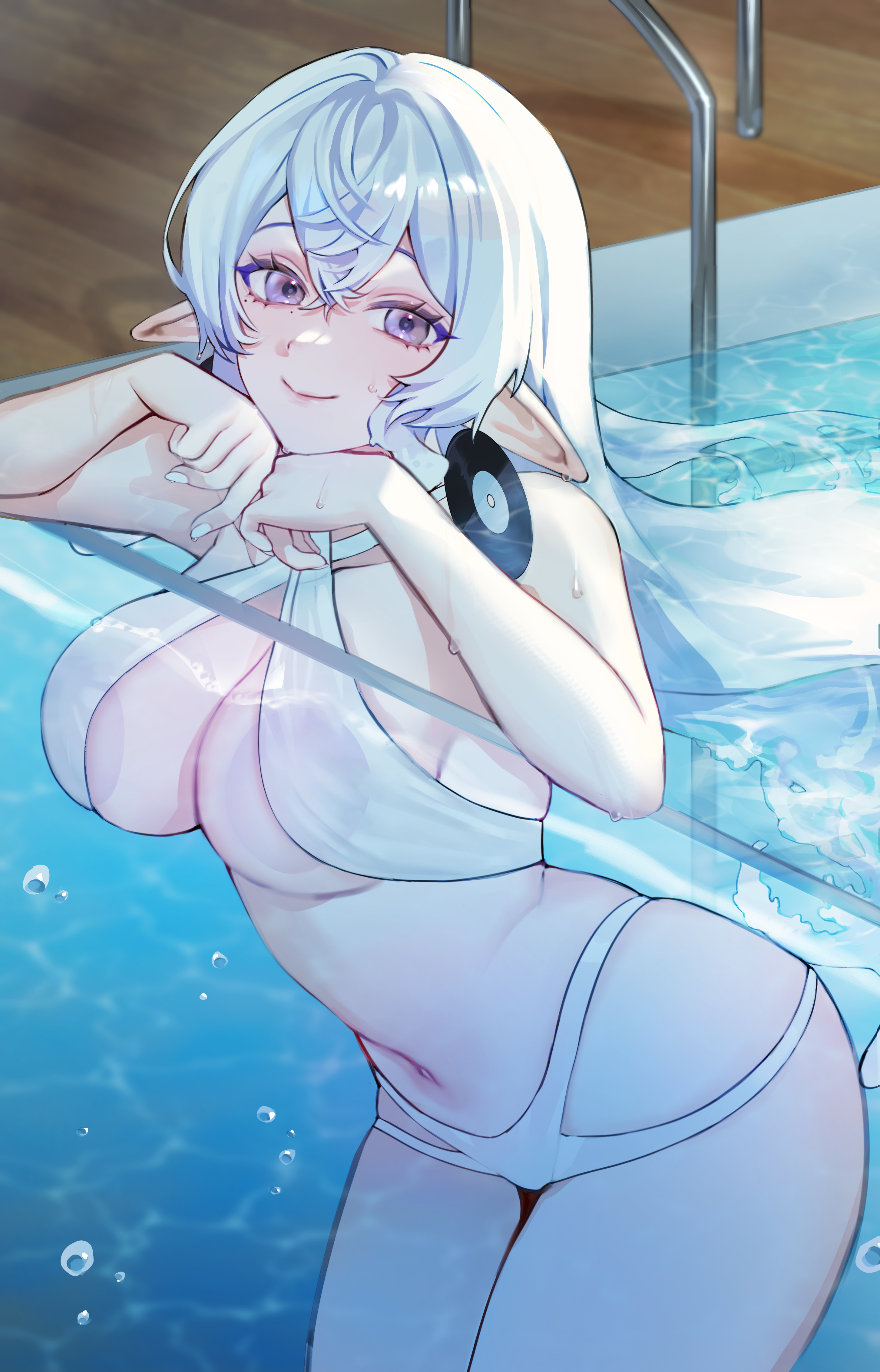 original, absurdres, commission, highres, second-party source, 1girl, against glass, air bubble, breast press, breasts, breasts on glass, bubble, earrings, jewelry, large breasts, liquid hair, looking at viewer, parquet floor, pointy ears, pool, purple eyes, smile, solo, sophia (cieluscian), swimsuit, ukeiuuu, white hair