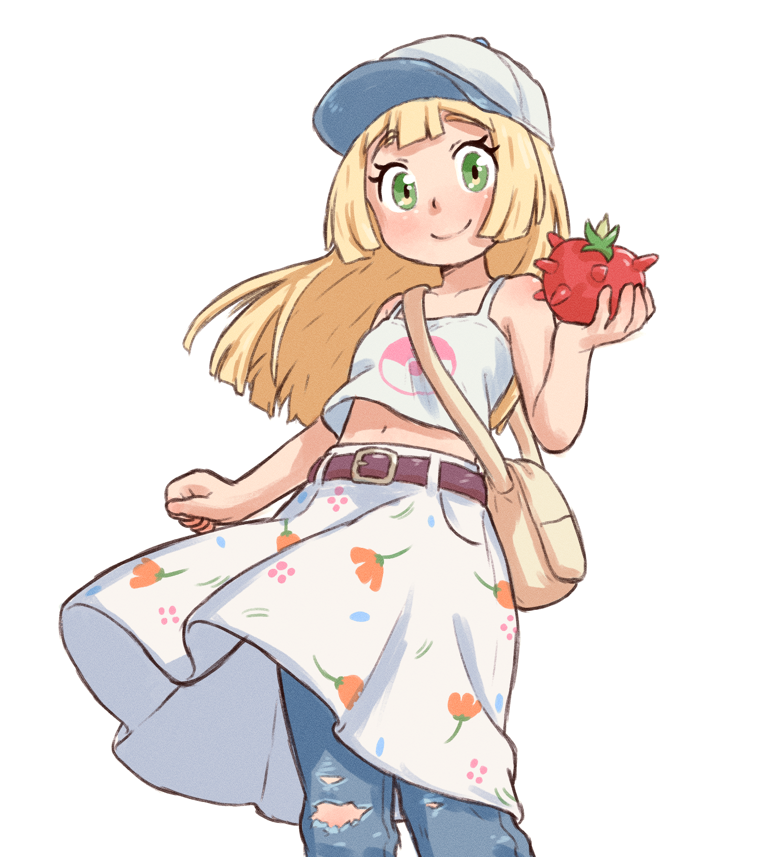 beachepisode, lillie (pokemon), nintendo, pokemon, pokemon sm, highres, 1girl, alternate costume, baseball cap, belt, blonde hair, blush, brown belt, closed mouth, collarbone, denim, food, green eyes, hat, holding, holding food, jeans, long hair, looking at viewer, navel, pants, pants under skirt, simple background, skirt, smile, solo, torn clothes, torn jeans, torn pants, white background, white skirt