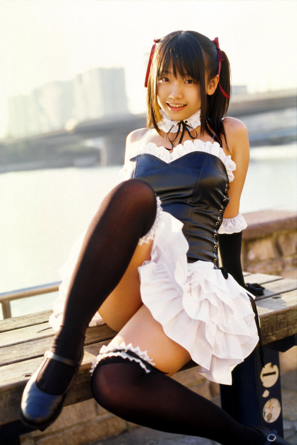 matsunaga ayaka, highres, photo (medium), asian, choker, elbow gloves, frills, gloves, hair ribbon, lace, ribbon, thighhighs