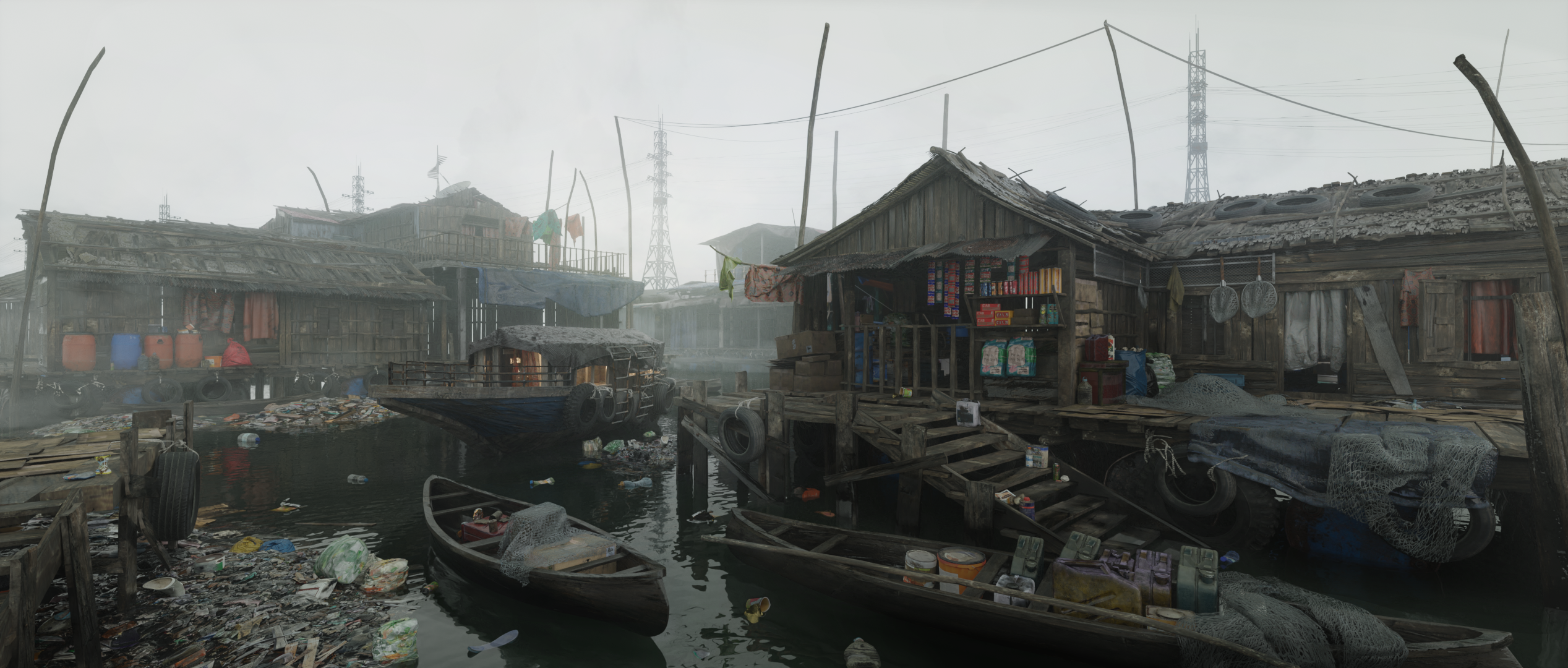 yamadera kei, original, commentary, english commentary, highres, variant set, boat, building, canal, day, house, no humans, outdoors, overcast, photorealistic, pier, power lines, realistic, scenery, sky, stairs, transmission tower, trash, watercraft