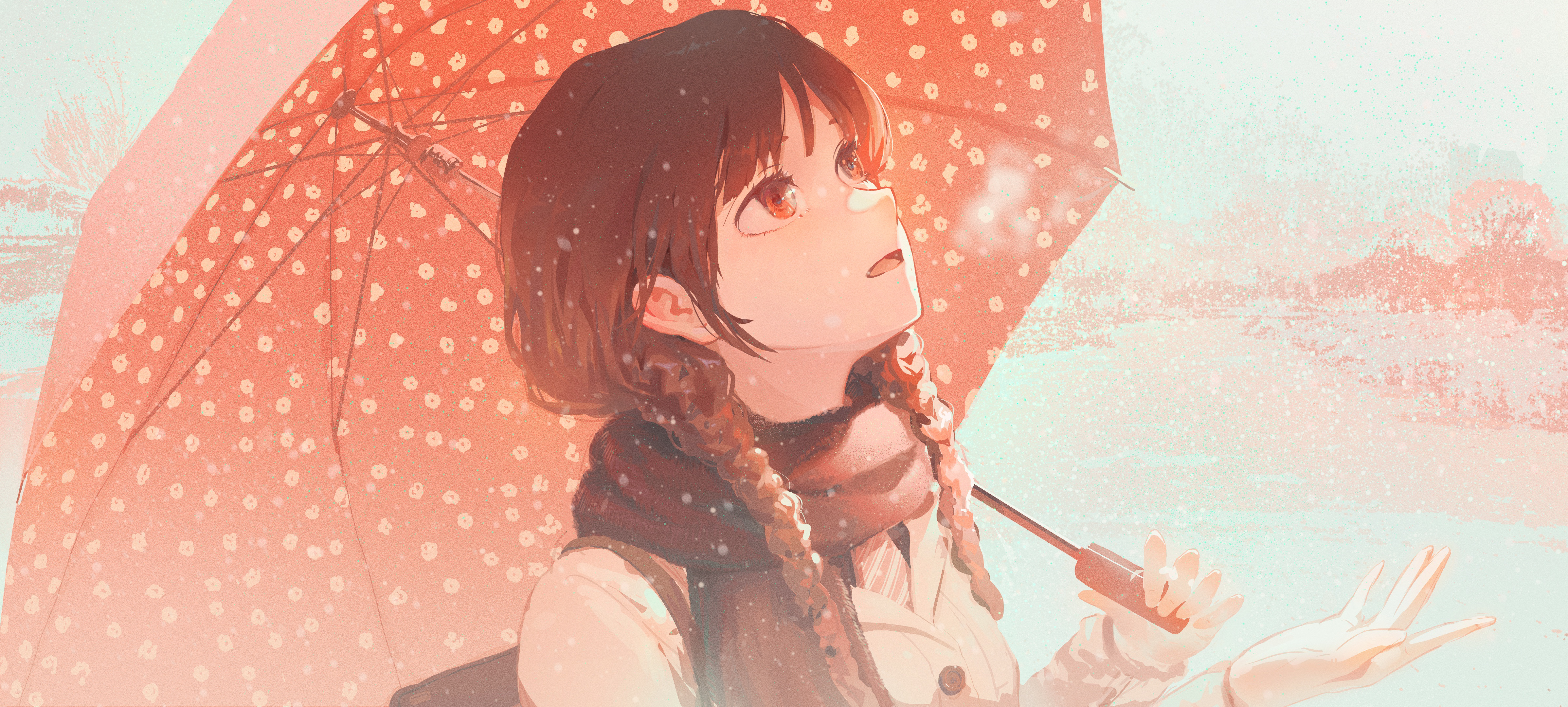 enip o, original, absurdres, highres, 1girl, background request, bag, braid, breath, cold, holding, holding umbrella, jacket, looking up, low twin braids, necktie, open mouth, outdoors, outstretched hand, reaching, red eyes, red hair, red scarf, scarf, shoulder bag, snow, snowing, solo, striped necktie, twin braids, umbrella, umbrella over shoulder, winter, winter clothes
