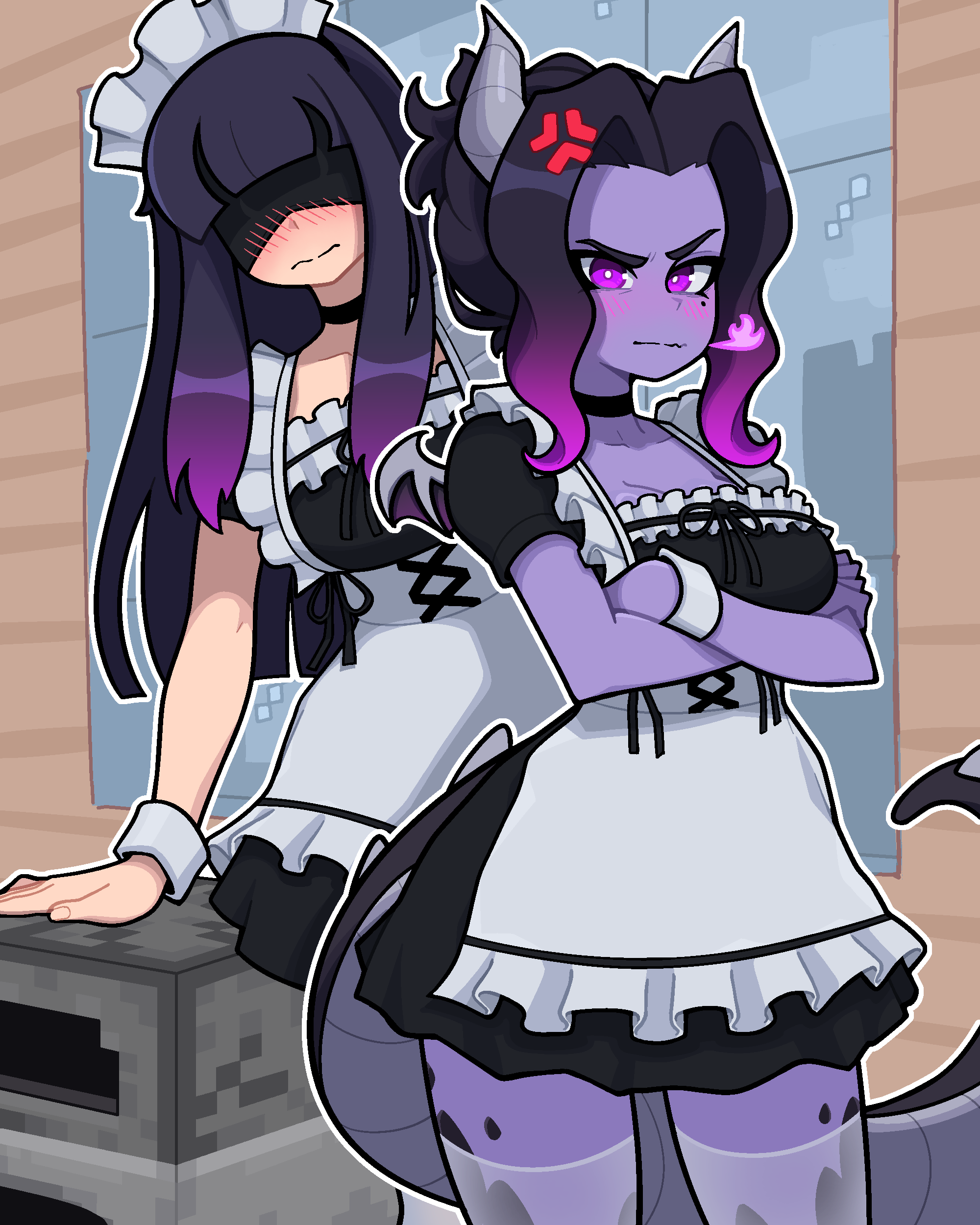 muds, ender dragon, enderman, minecraft, absurdres, highres, 2girls, arm support, arms under breasts, black choker, black hair, blush, breasts, choker, cleavage, closed mouth, collarbone, colored skin, crossed arms, dragon girl, dragon horns, dragon tail, gradient hair, horns, large breasts, long hair, looking at viewer, maid, mole, mole under eye, multicolored hair, multiple girls, personification, ponytail, purple hair, purple skin, short hair, short ponytail, split mouth, tail, thighhighs, white thighhighs