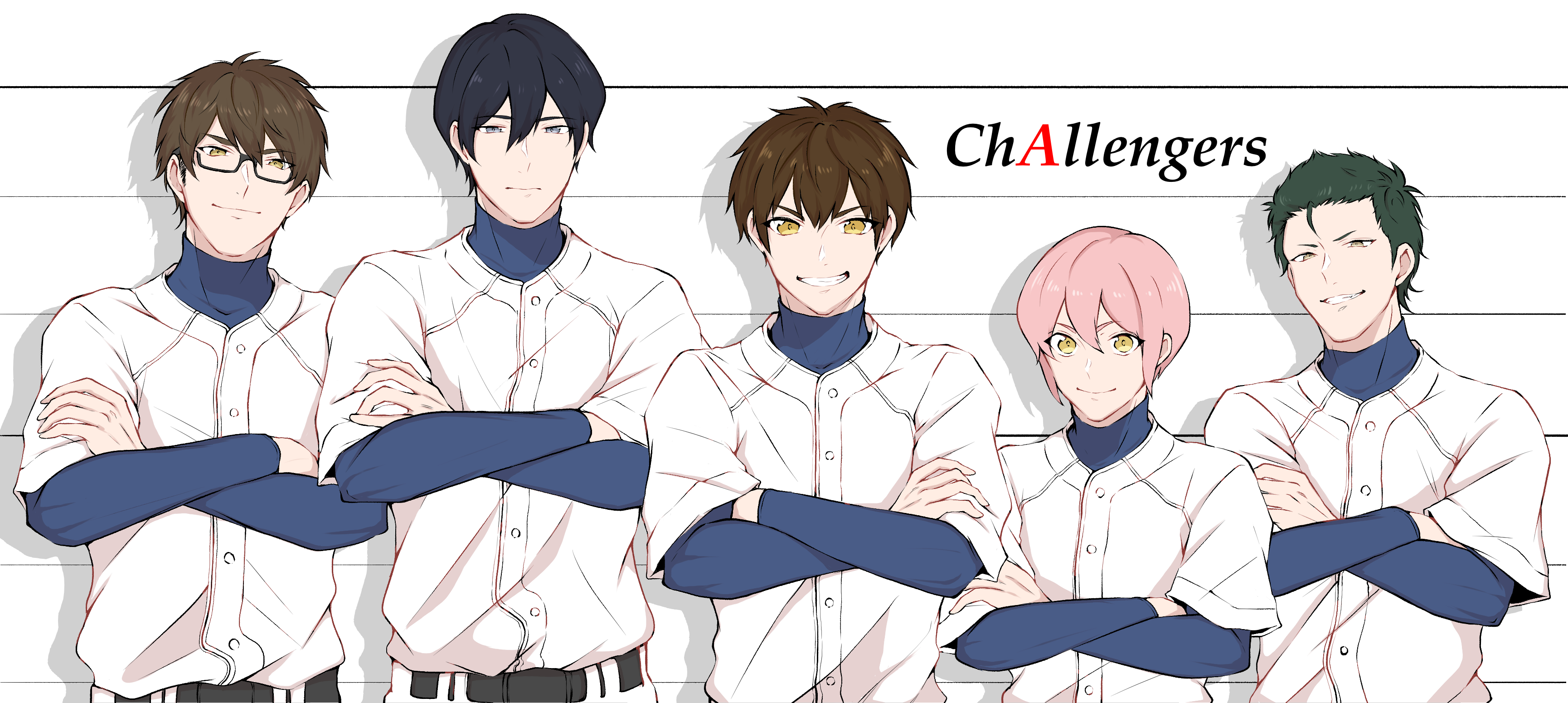 aiaipoponta0605, furuya satoru, kominato haruichi, kuramochi youichi, miyuki kazuya, sawamura eijun, ace of diamond, absurdres, commentary request, highres, 5boys, baseball jersey, baseball uniform, belt, black-framed eyewear, black belt, black hair, blue eyes, brown hair, buttons, closed mouth, crossed arms, english text, glasses, green hair, grin, hair between eyes, height difference, high collar, jersey, long sleeves, looking at viewer, male focus, multiple boys, pants, pink hair, semi-rimless eyewear, shadow, shirt tucked in, short hair, simple background, smile, sportswear, standing, teeth, upper body, white pants, yellow eyes