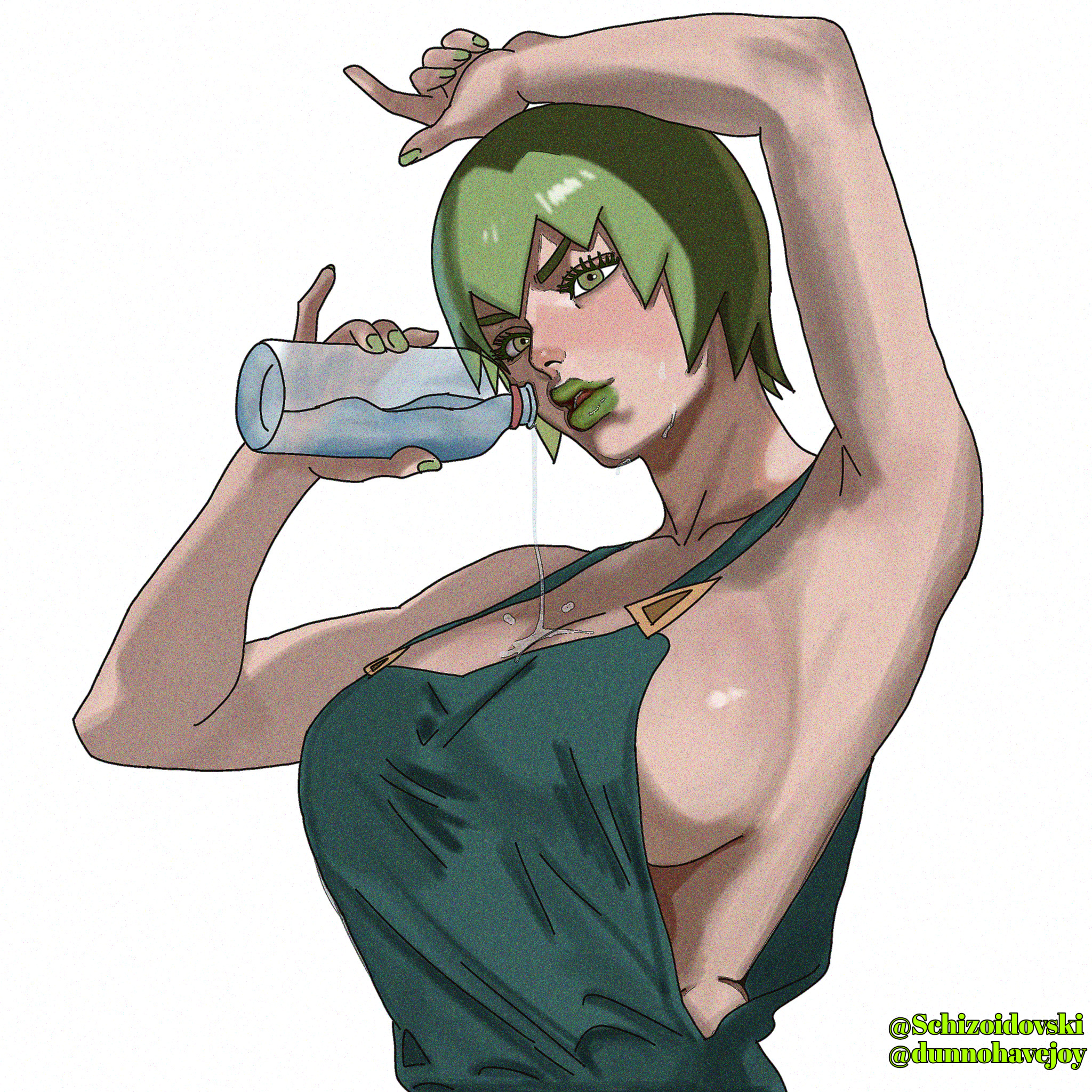 foo fighters (jojo), jojo no kimyou na bouken, stone ocean, commentary, english commentary, highres, 1girl, arm up, armpits, arms up, between breasts, bottle, breasts, cleavage, collarbone, green eyes, green hair, green lips, green nails, green overalls, holding, holding bottle, jewelry, large breasts, lipstick, looking at viewer, makeup, naked overalls, no bra, overalls, pouring, pouring onto self, schizoidovski, short hair, sideboob, sleeveless, solo, stay hydrated, twitter username, upper body, water bottle
