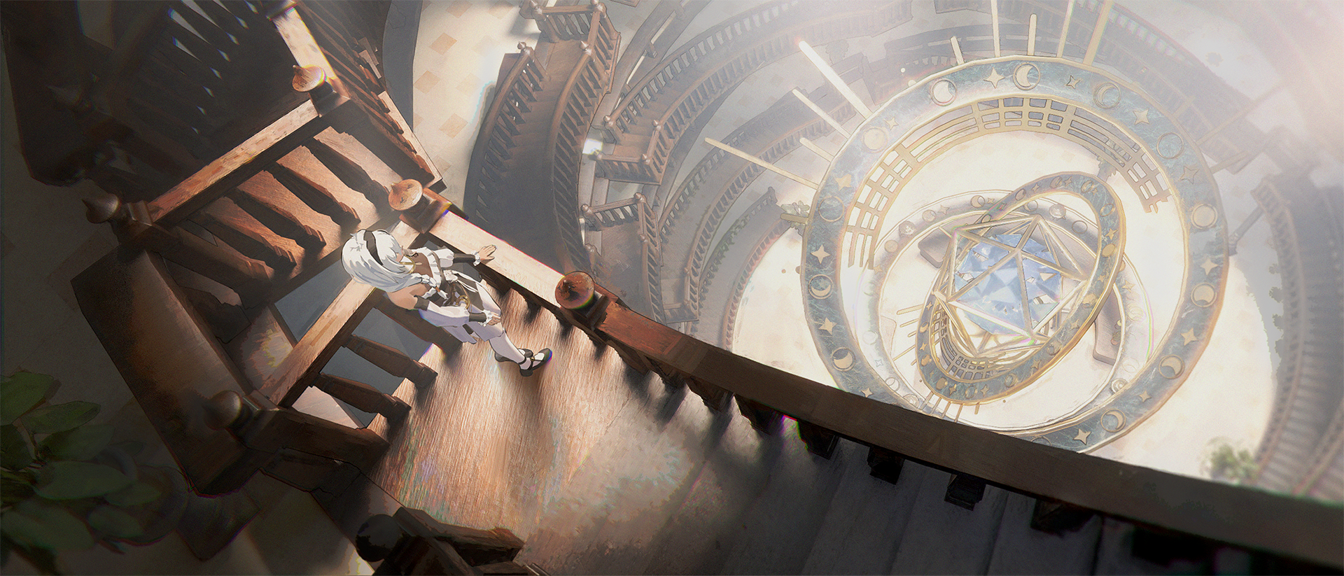 original, bilingual commentary, chinese commentary, commentary, english commentary, highres, mixed-language commentary, 1girl, architecture, armillary sphere, black shoes, dress, from above, indoors, multicolored dress, pantyhose, railing, scenery, shoes, solo, stairs, standing, ten ken (s777666888), white background, white pantyhose, wide shot