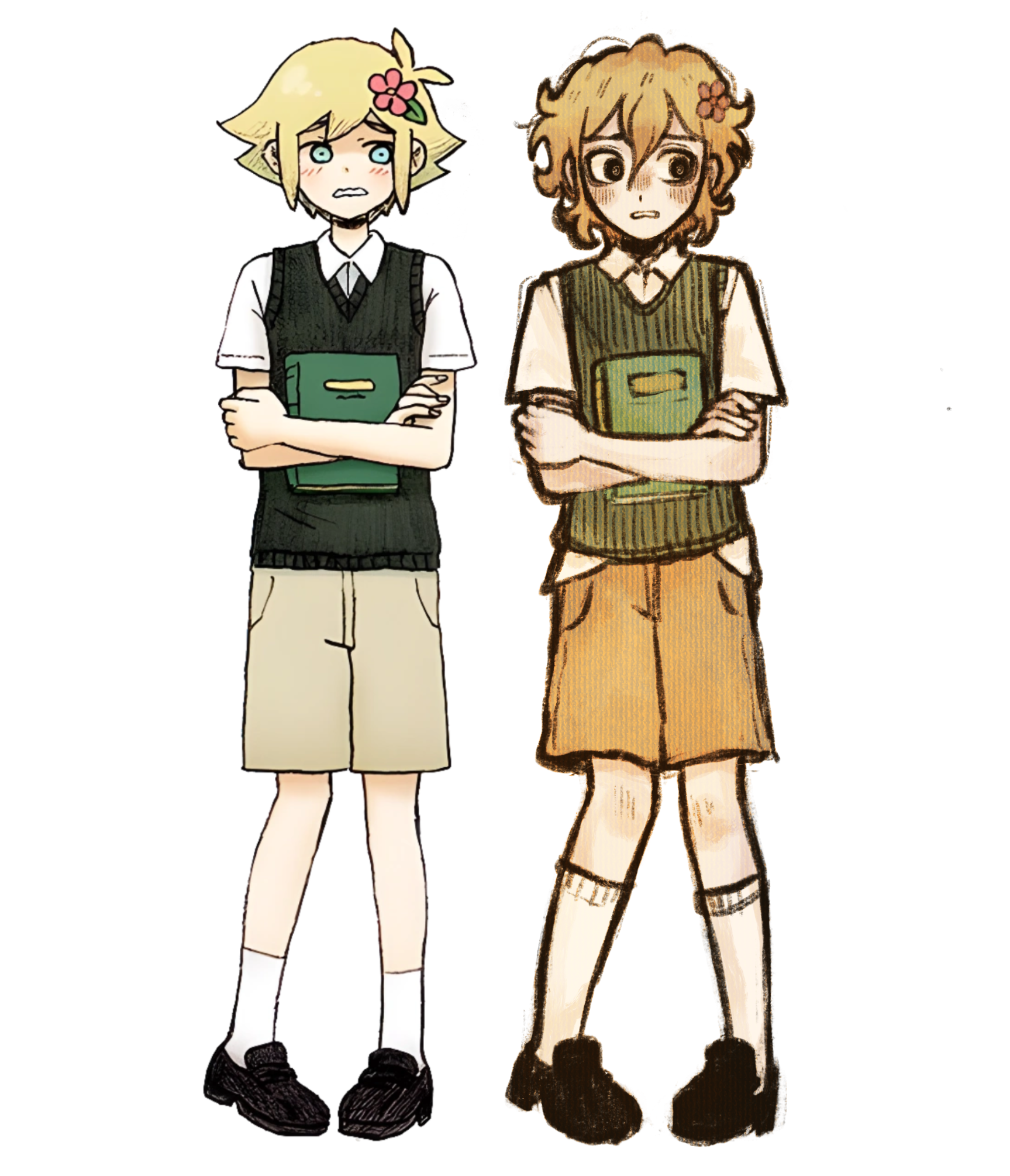 ottie pops, basil (faraway) (omori), basil (omori), omori, highres, 1boy, alternate eye color, black shoes, blonde hair, blue eyes, book, brown shorts, collared shirt, flower, green sweater vest, hair flower, hair ornament, holding, holding book, looking at viewer, male focus, official art inset, parted lips, scrapbook, shirt, shoes, short hair, short sleeves, shorts, simple background, socks, solo, sweater vest, white background, white shirt, white socks