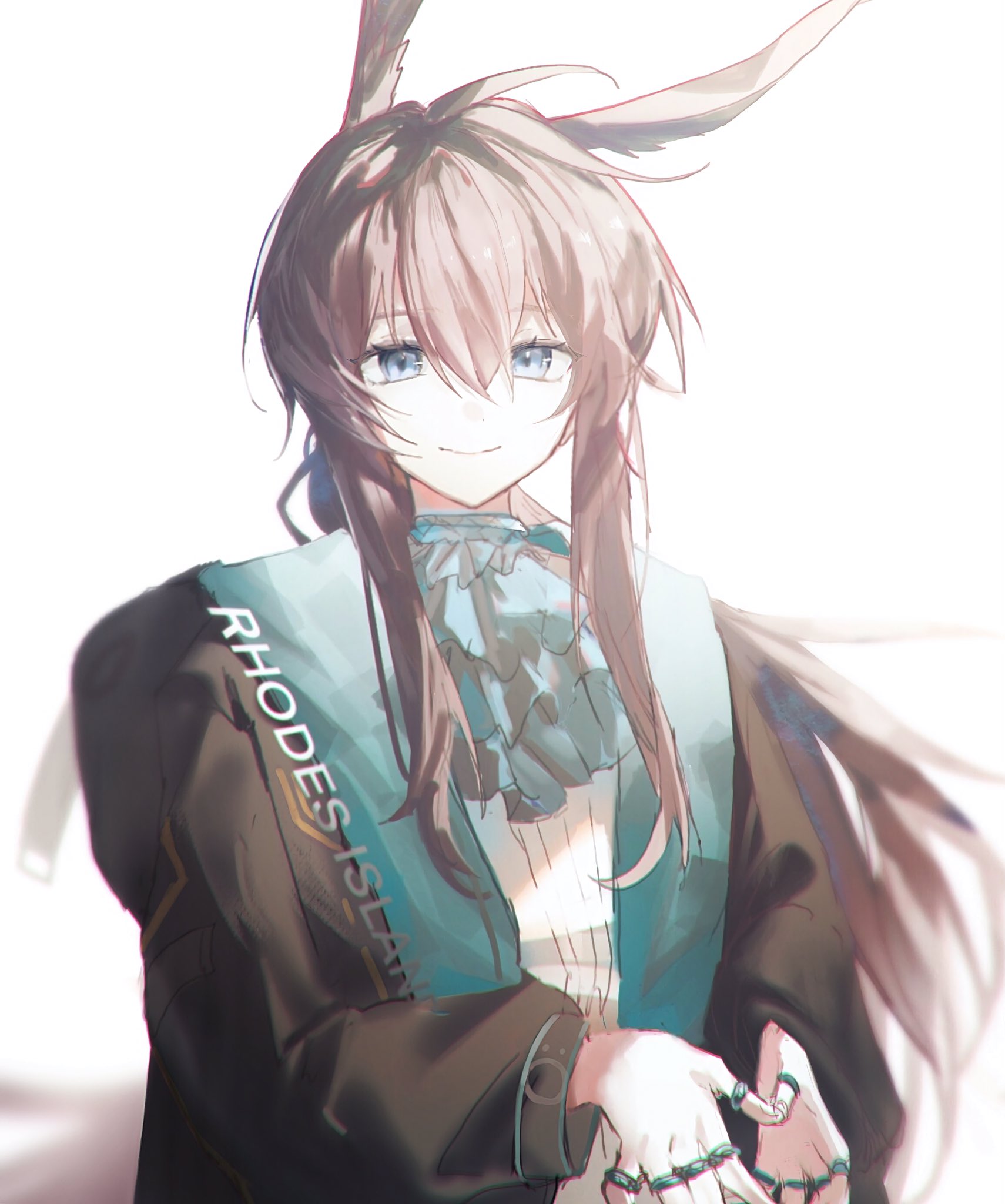 amiya (arknights), arknights, highres, 1girl, animal ears, ascot, black jacket, blue eyes, brown hair, chromatic aberration, closed mouth, clothes writing, green ascot, hair between eyes, hinanagimama1, jacket, jewelry, long hair, long sleeves, looking at viewer, multiple rings, own hands together, ring, sidelocks, simple background, smile, solo, white background