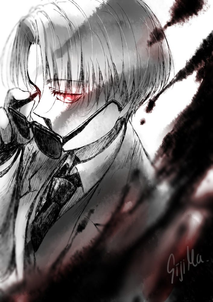 maxwell's demon (fate), fate/grand order, fate (series), 1boy, black necktie, formal clothes, greyscale, looking at viewer, monochrome, necktie, red eyes, shirt, suit, sunglasses, white shirt