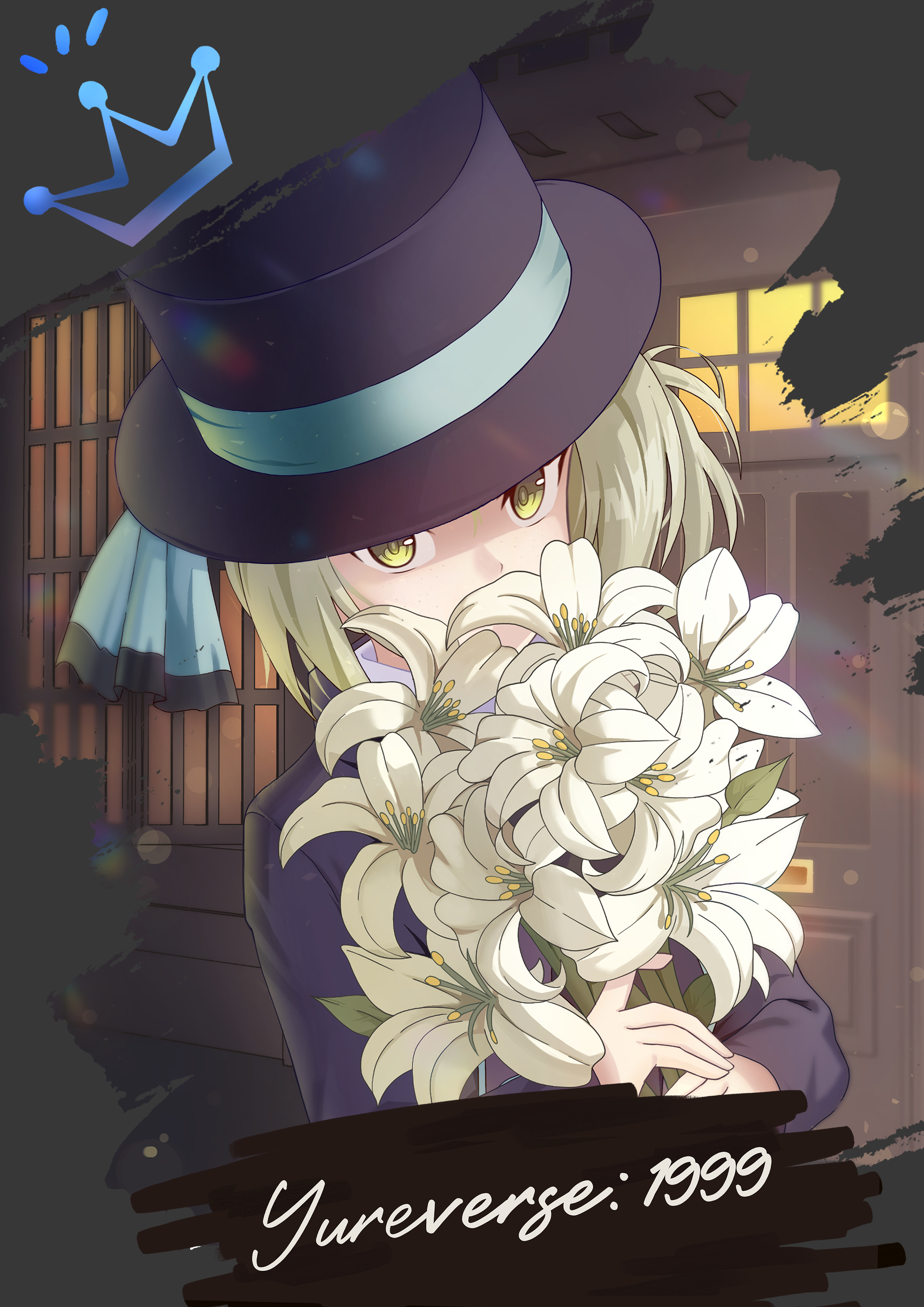 taylor (41848077), vertin (reverse:1999), reverse:1999, absurdres, highres, 1girl, black coat, black hat, blue bow, boater hat, bouquet, bow, coat, copyright name, door, drawn crown, english text, flower, grey background, grey eyes, grey hair, hat, hat bow, holding, holding bouquet, lily (flower), looking at viewer, short hair, solo, upper body, white flower, window