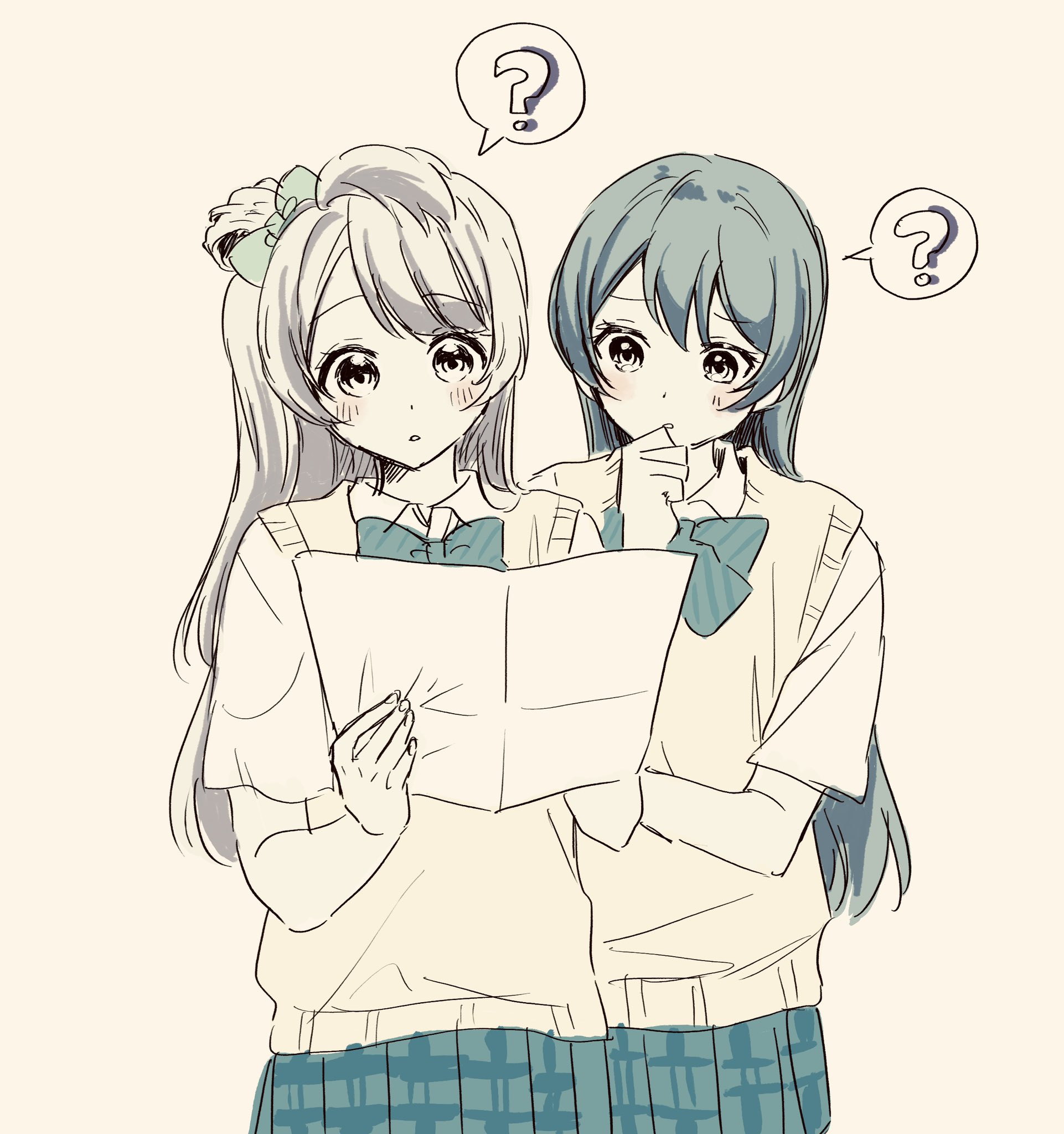 aki m m a, character request, commentary, copyright request, highres, symbol-only commentary, 2girls, ?, aqua bow, aqua bowtie, aqua hair, aqua skirt, bow, bowtie, choppy bangs, cowboy shot, dot nose, grey hair, hand to own mouth, hand up, holding, holding paper, long hair, looking at object, multiple girls, paper, parted bangs, parted lips, school uniform, shirt, simple background, sketch, skirt, speech bubble, spoken question mark, sweater vest, white background, white shirt, yellow sweater vest