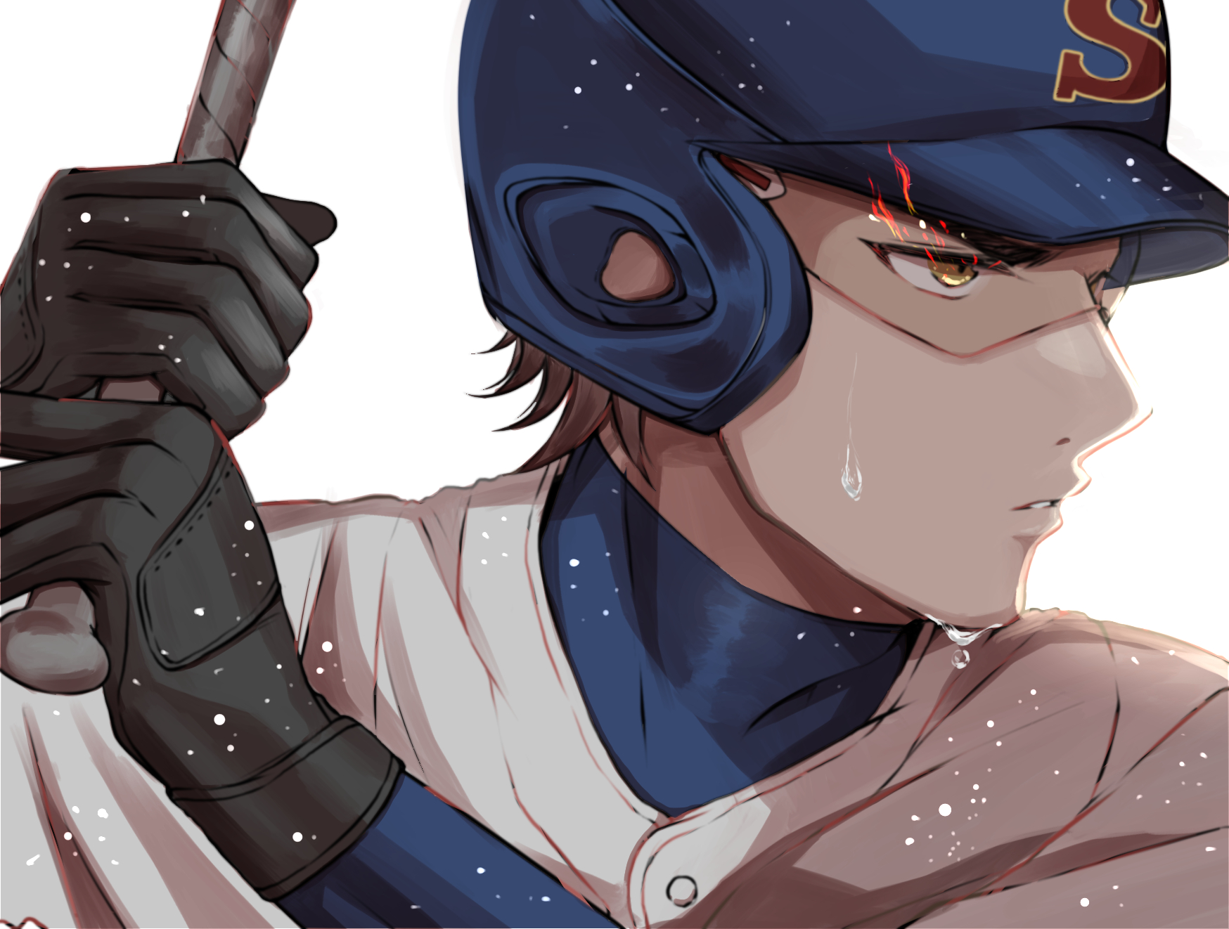 aiaipoponta0605, miyuki kazuya, ace of diamond, commentary request, highres, 1boy, baseball, baseball bat, baseball helmet, baseball jersey, baseball uniform, black gloves, brown hair, closed mouth, from side, gloves, goggles, helmet, high collar, holding, holding baseball bat, jersey, male focus, short hair, simple background, solo, sportswear, sweat, upper body, white background, yellow eyes