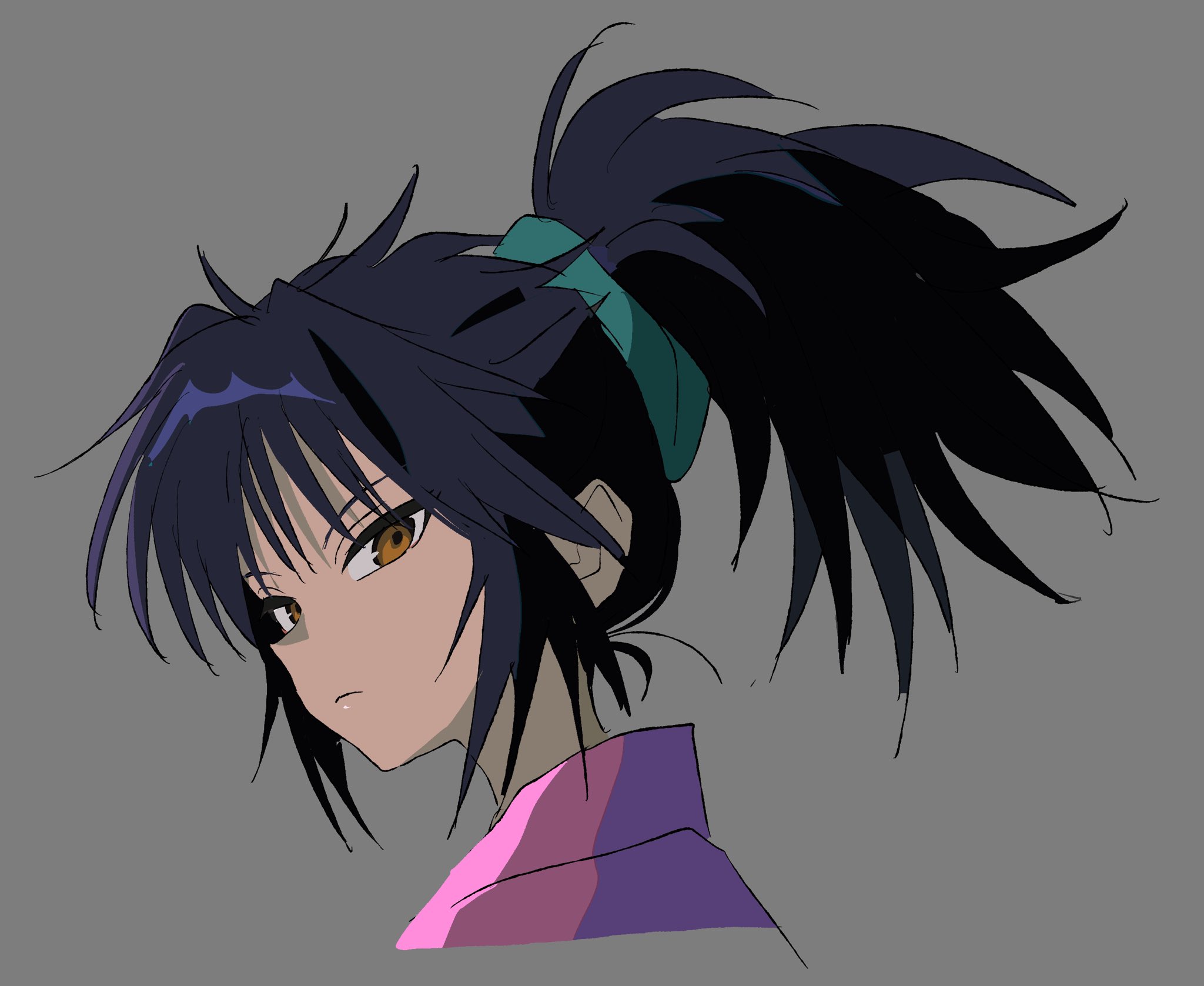 betti (xx betti), machi komacine, hunter x hunter, highres, 1girl, black hair, brown eyes, closed mouth, cropped shoulders, grey background, looking at viewer, ponytail, simple background, solo, tsurime, upper body