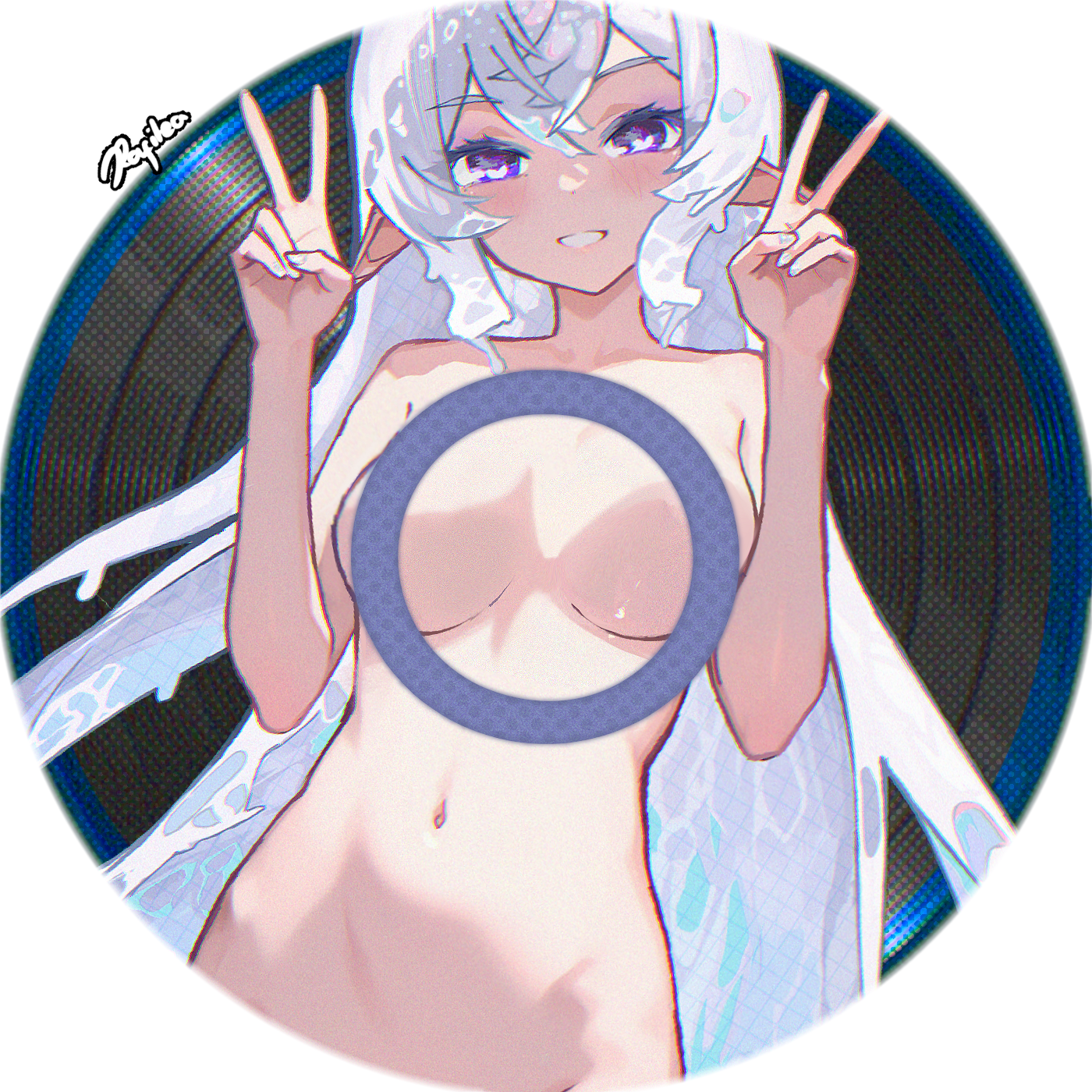 rafi (rafitea), original, commission, highres, second-party source, 1girl, convenient censoring, double v, heart, heart-shaped eyes, liquid hair, long hair, looking at viewer, pointy ears, purple eyes, pussy out of frame, smile, solo, sophia (cieluscian), v, vinyl record, white nails