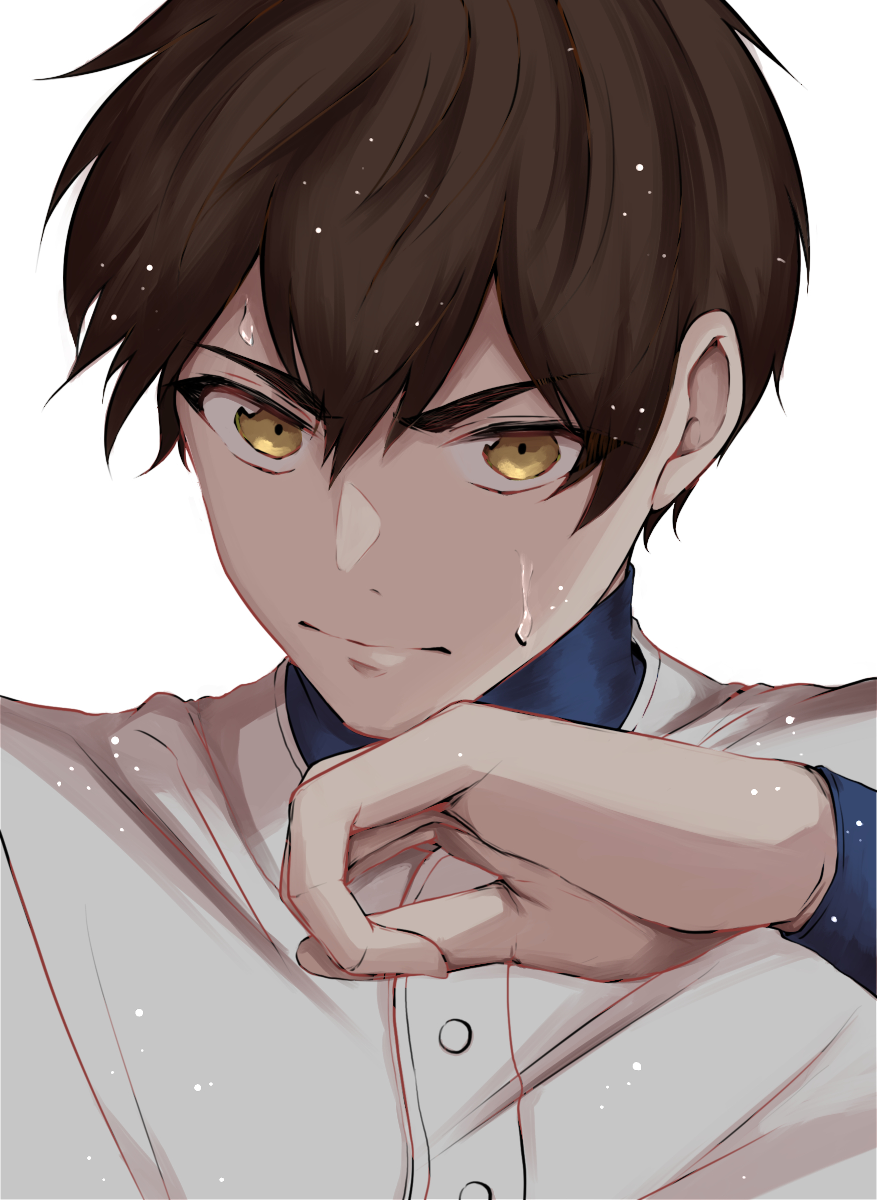 aiaipoponta0605, sawamura eijun, ace of diamond, commentary request, highres, 1boy, baseball uniform, brown hair, buttons, closed mouth, hair between eyes, high collar, looking at viewer, male focus, short hair, simple background, solo, sportswear, sweat, upper body, white background, yellow eyes