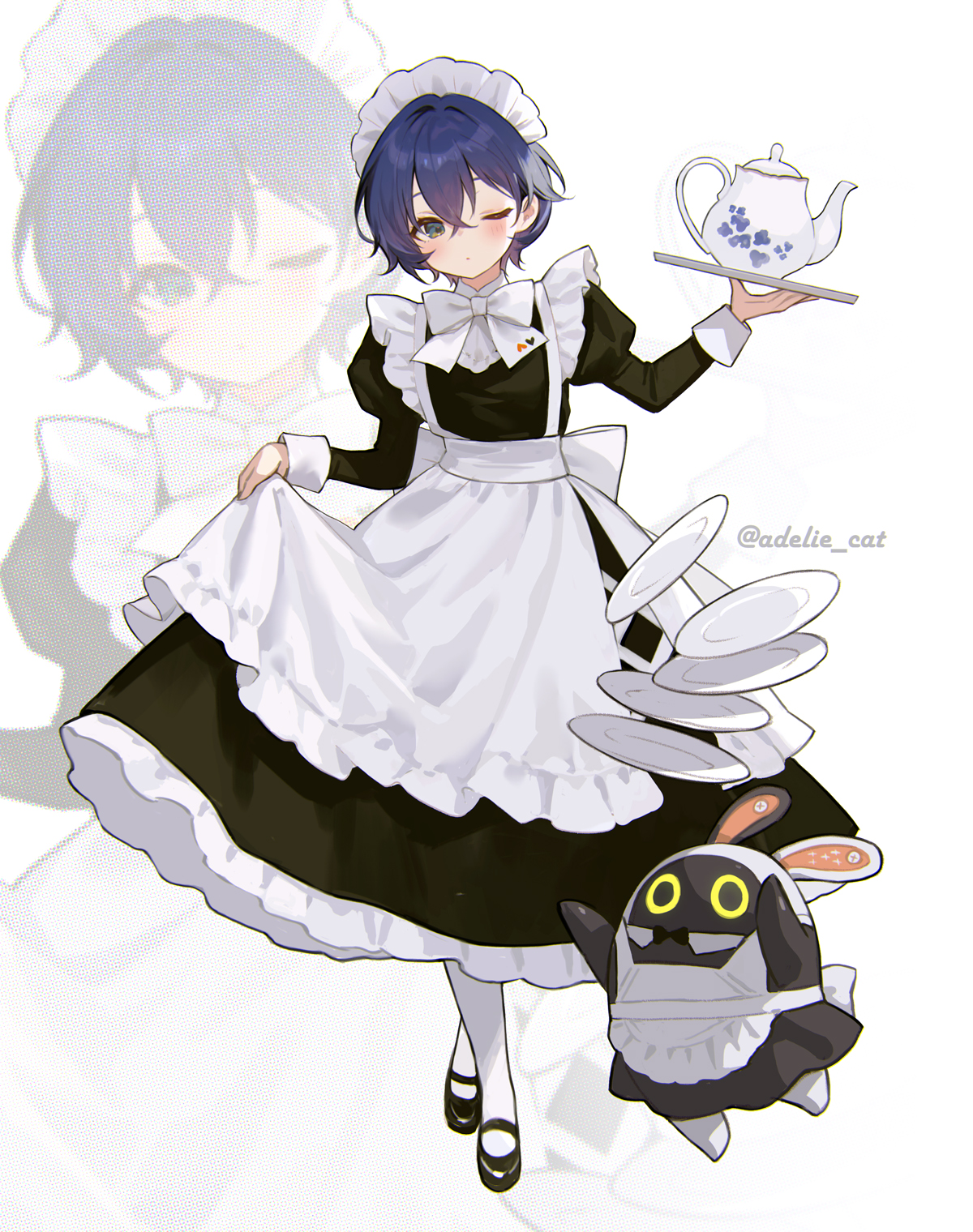 adelie cat, bangboo (zenless zone zero), belle (zenless zone zero), eous (zenless zone zero), zenless zone zero, commentary, highres, 1girl, alternate costume, apron, black dress, black shoes, blue hair, blush, bow, bowtie, closed mouth, dated, dress, enmaided, frilled hairband, frills, full body, green eyes, hair between eyes, hairband, holding, holding tray, long sleeves, looking at viewer, maid, maid headdress, one eye closed, plate, puffy long sleeves, puffy sleeves, shoes, simple background, skirt hold, standing, teapot, tray, twitter username, white apron, white background, white bow, white bowtie, white hairband, zoom layer