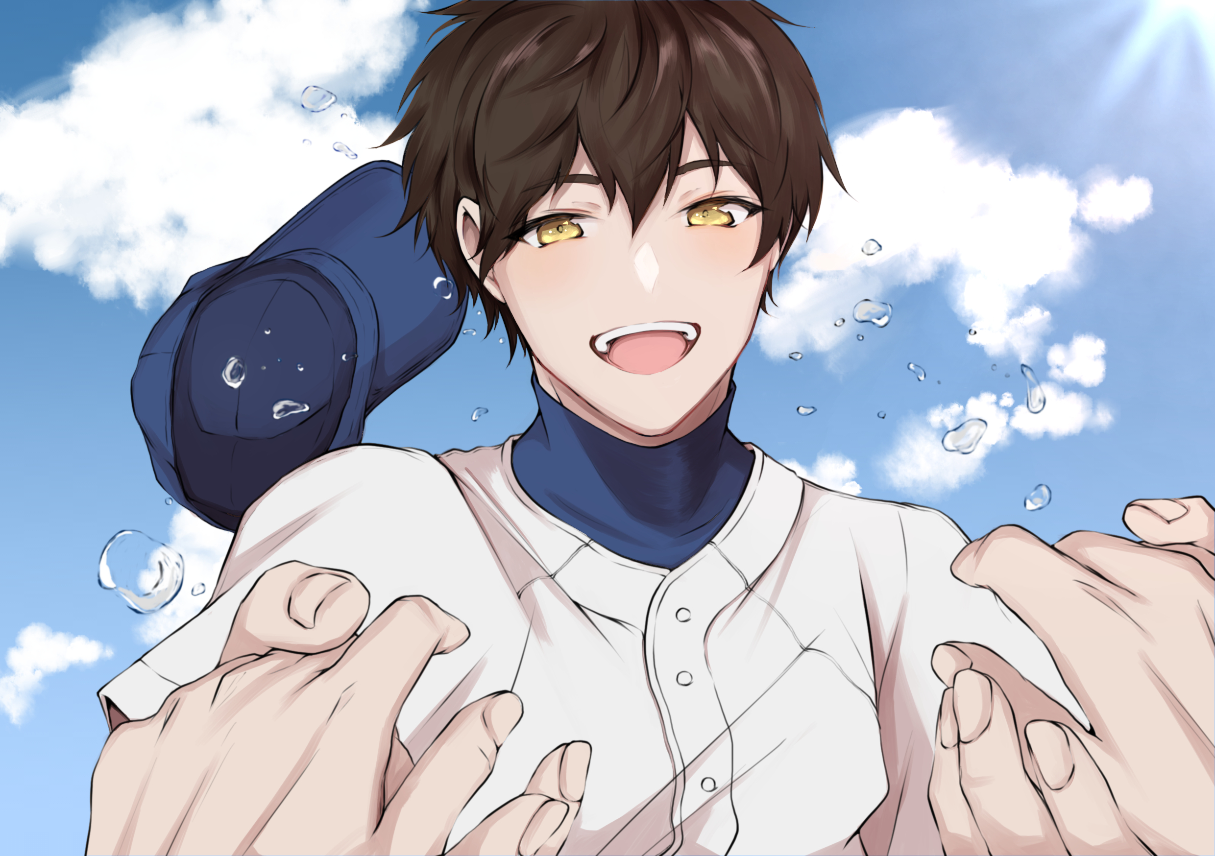aiaipoponta0605, sawamura eijun, ace of diamond, commentary request, highres, 1boy, 1other, baseball cap, baseball uniform, blue sky, brown hair, buttons, cloud, fingernails, hair between eyes, hat, high collar, holding hands, looking at viewer, male focus, short hair, sky, solo focus, sportswear, sunlight, sweatdrop, teeth, tongue, unworn headwear, upper body, upper teeth only, yellow eyes