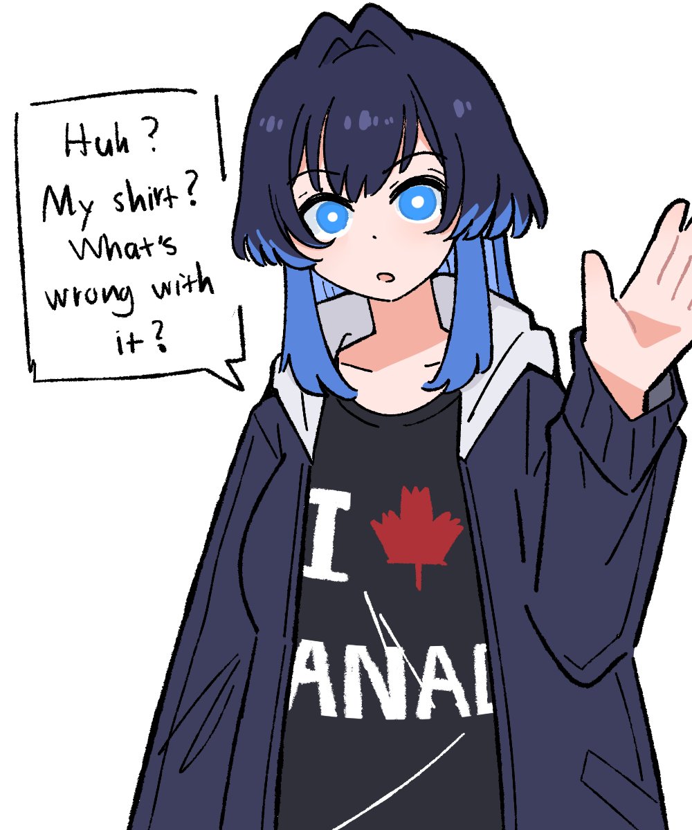 oscar get, ouro kronii, hololive, hololive english, highres, 1girl, black shirt, blue eyes, blue hair, canada, clothes writing, fuck-me shirt, hair intakes, i heart…, i love canada (meme), jacket, meme, shirt, solo, speech bubble, t-shirt, virtual youtuber