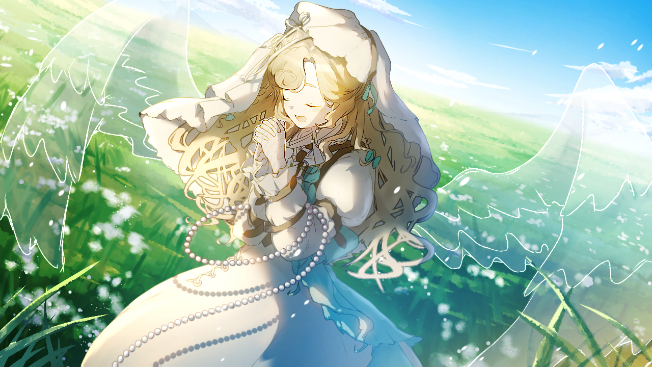 lorelei (reverse:1999), reverse:1999, 1girl, arm belt, bandaged hand, bandages, belt, blonde hair, blue sky, brown belt, closed eyes, dress, dutch angle, grass, hands up, horizon, interlocked fingers, juliet sleeves, long dress, long hair, long sleeves, manaringo23, open mouth, outdoors, own hands together, puffy sleeves, sky, smile, solo, transparent wings, upper body, veil, white dress, white veil