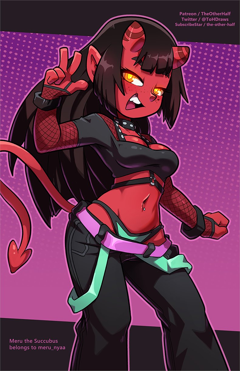 the other half, meruccubus (merunyaa), 1girl, artist name, breasts, character name, colored skin, demon girl, english text, fishnet sleeves, fishnets, gradient background, horns, jacket, medium breasts, navel, navel piercing, open mouth, panties, pants, piercing, pink background, pointy ears, polka dot, polka dot background, purple background, red skin, smile, sportswear, suspenders, tail, underwear, v, yellow eyes