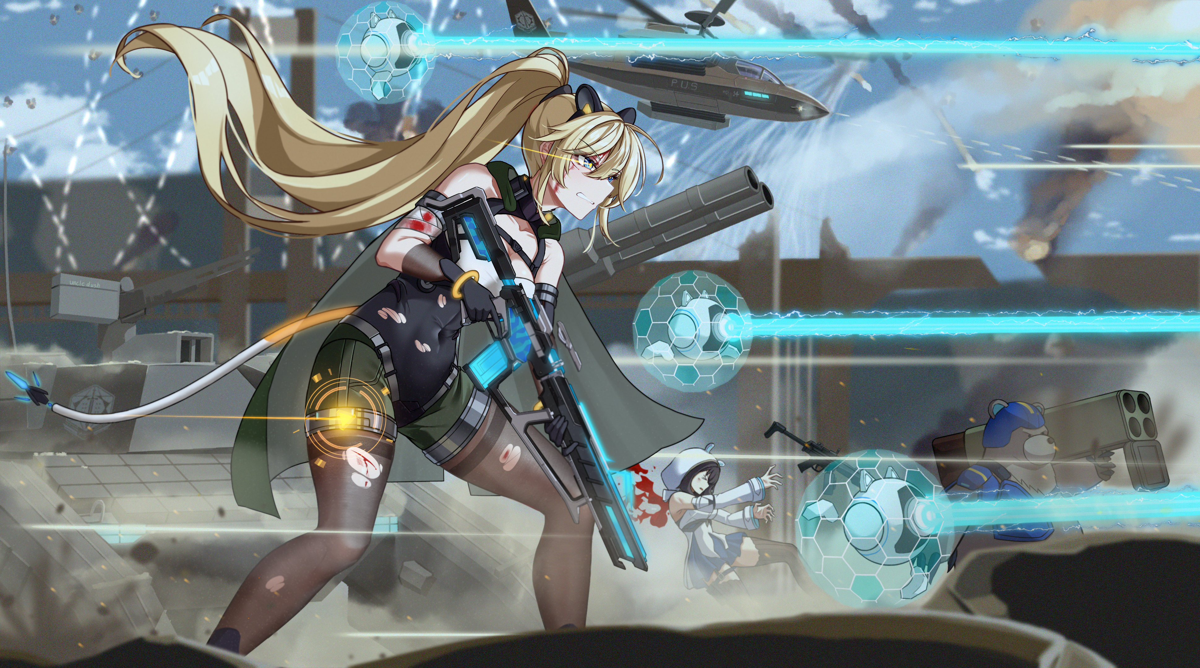 uncle dash, michele (strinova), yvette (strinova), strinova, absurdres, highres, 2girls, aircraft, animal ears, bandages, bear, blonde hair, blood, blood splatter, bodysuit, bracelet, brown hair, cape, cat ears, cat tail, clenched teeth, fake animal ears, fake tail, gloves, gun, helicopter, hood, hoodie, jewelry, laser, long hair, military vehicle, motor vehicle, multiple girls, outdoors, pantyhose, rifle, robot, scrunchie, skin tight, sky, submachine gun, tail, tank, teeth, thick thighs, thigh strap, thighhighs, thighs, torn clothes, torn pantyhose, twintails, weapon