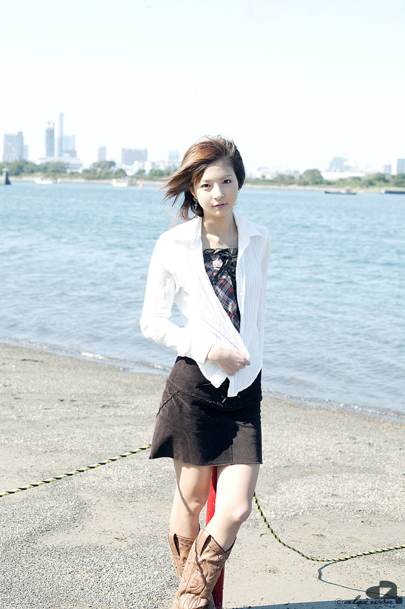 nagasaki rina, highres, photo (medium), boots, camisole, cowboy boots, dress shirt, miniskirt, shirt, skirt