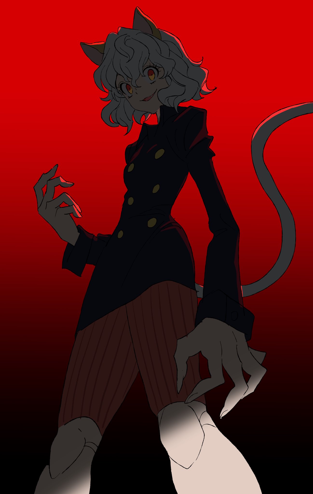 betti (xx betti), neferpitou, hunter x hunter, highres, 1other, animal ears, breasts, cat ears, cat tail, doll joints, joints, long sleeves, other focus, red background, shorts, simple background, small breasts, smile, solo, tail, white hair