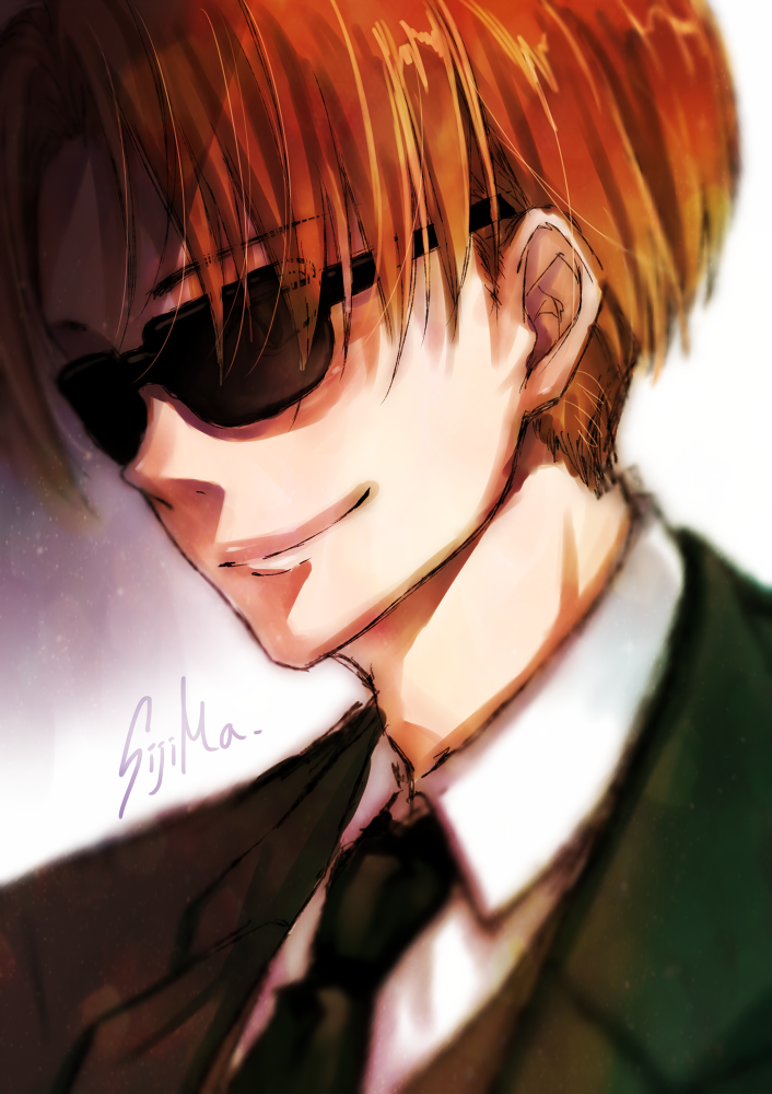 maxwell's demon (fate), fate/grand order, fate (series), 1boy, black necktie, brown hair, formal clothes, greyscale, monochrome, necktie, shirt, suit, sunglasses, white shirt