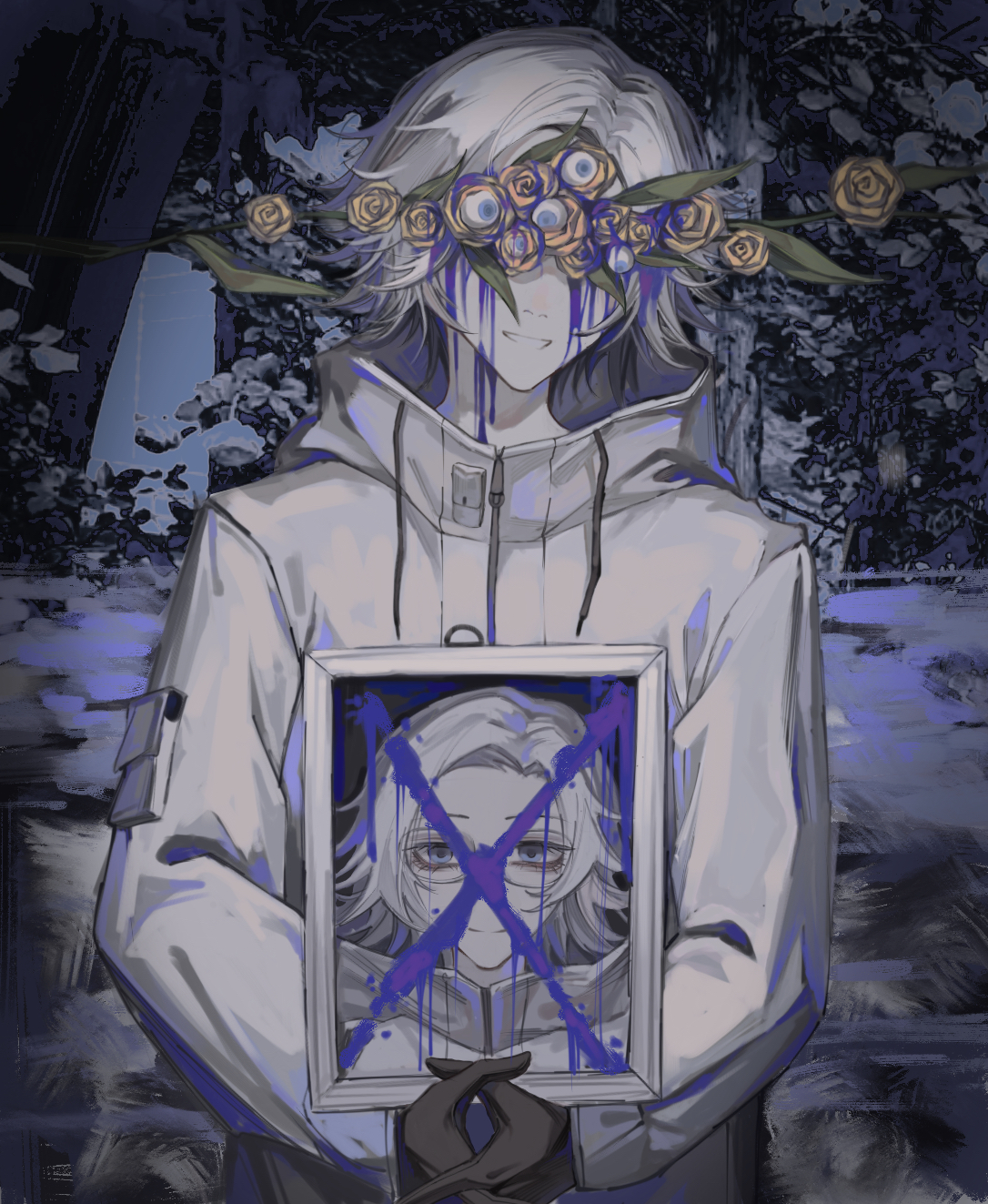 aotsuki eito, the hundred line -last defense academy-, chinese commentary, commentary, highres, 1boy, black gloves, blood, blood on face, blue eyes, body horror, covered eyes, eyeball, facing viewer, glasses, gloves, grey hair, holding portrait, interlocked fingers, jacket, male focus, outdoors, own hands together, portrait (object), purple blood, short hair, smile, solo, upper body, white jacket, xinjinjumin984652419828