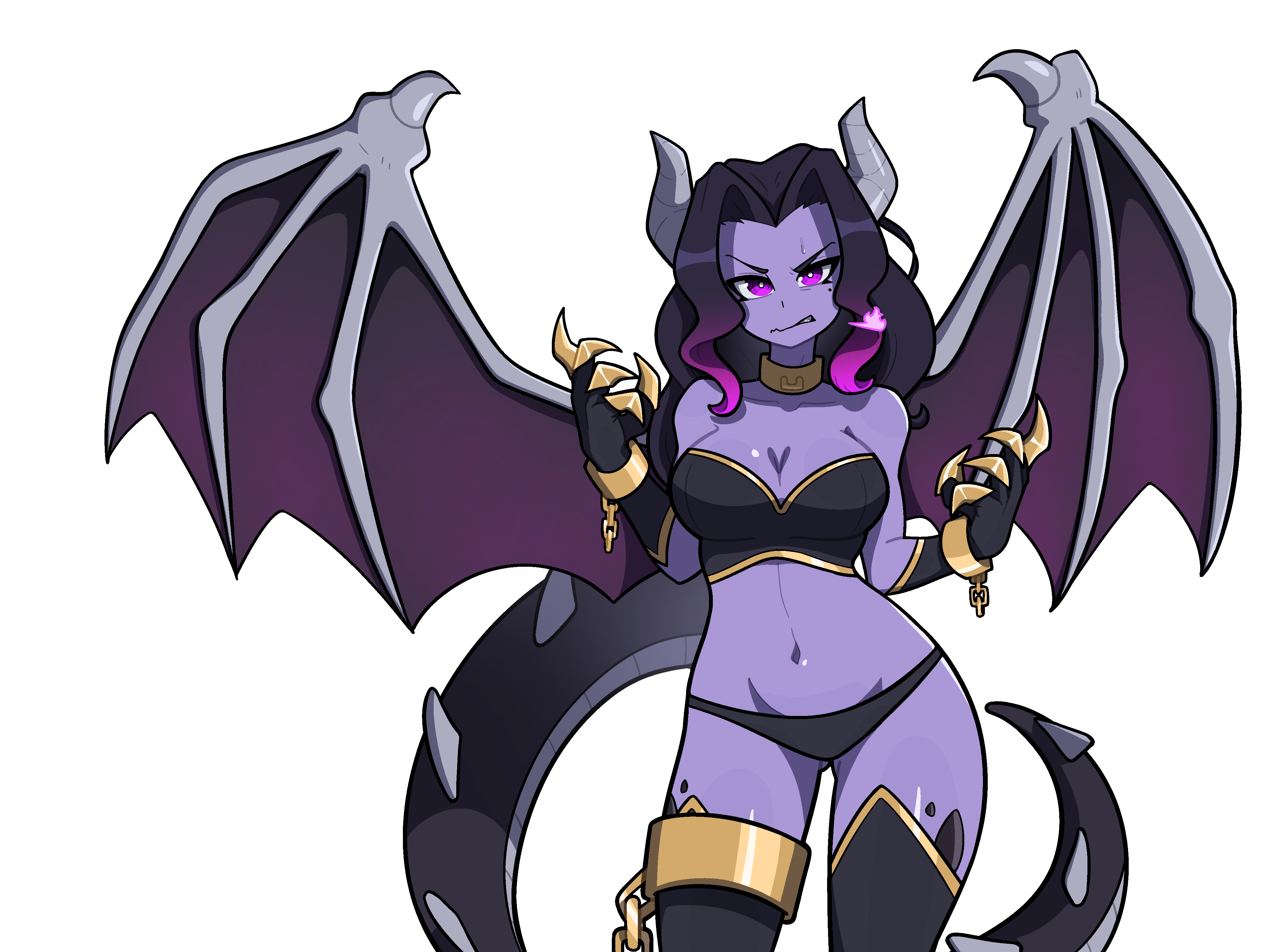muds, ender dragon, minecraft, absurdres, highres, 1girl, bare shoulders, black hair, black thighhighs, breasts, bright pupils, cleavage, clenched teeth, collarbone, colored skin, dragon girl, dragon horns, dragon tail, gradient hair, horns, large breasts, long hair, looking at viewer, mole, mole under eye, multicolored hair, navel, personification, purple eyes, purple hair, purple skin, simple background, solo, tail, teeth, thighhighs, two-tone hair, white background, white pupils