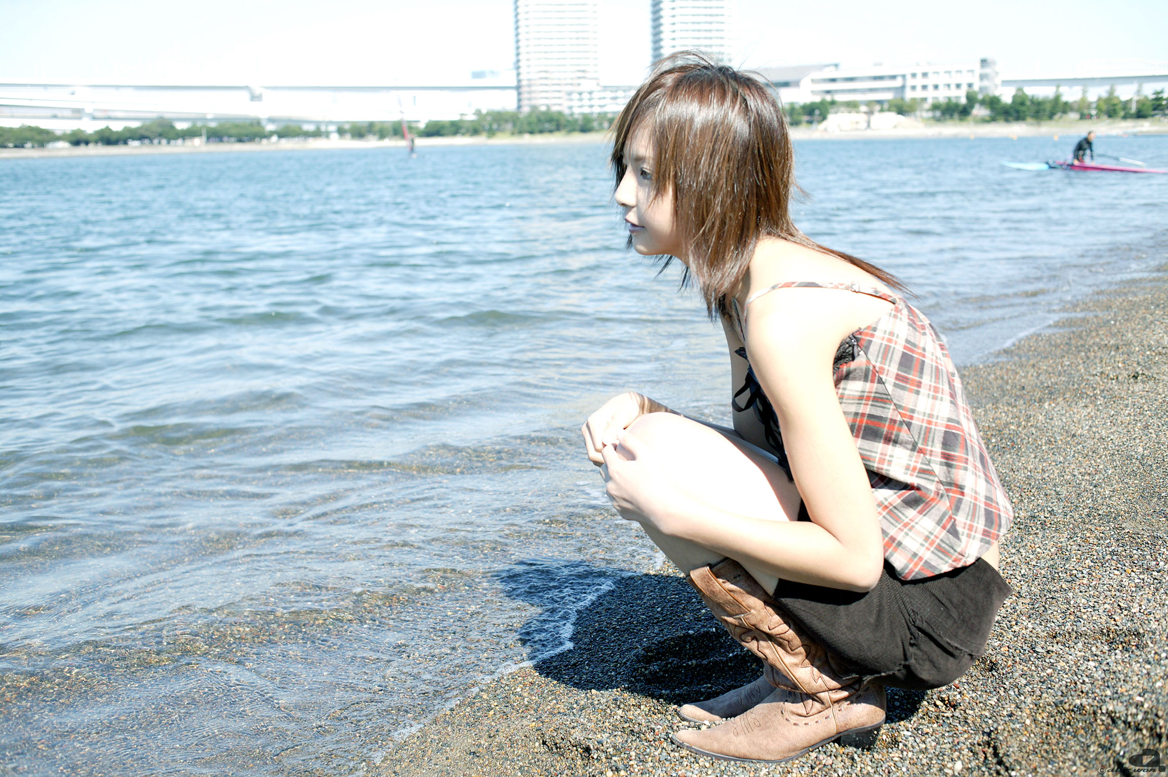 nagasaki rina, highres, photo (medium), beach, boots, camisole, cowboy boots, miniskirt, skirt