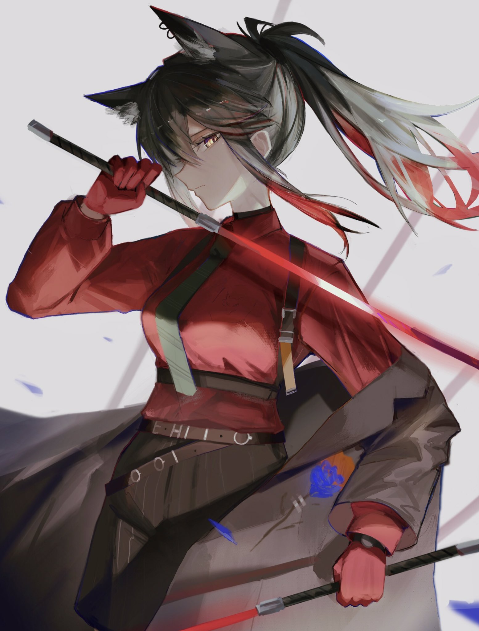 texas (arknights), texas (willpower) (arknights), arknights, commentary, highres, 1girl, animal ear fluff, animal ear piercing, animal ears, black hair, black jacket, chromatic aberration, closed mouth, clothes down, collared shirt, colored inner hair, dual wielding, energy sword, gloves, green necktie, grey background, hinanagimama1, holding, holding weapon, jacket, lightsaber, long hair, long sleeves, looking at viewer, multicolored hair, necktie, official alternate costume, ponytail, profile, red gloves, red hair, red lightsaber, red shirt, shirt, solo, sword, weapon, wolf ears, wolf girl, yellow eyes