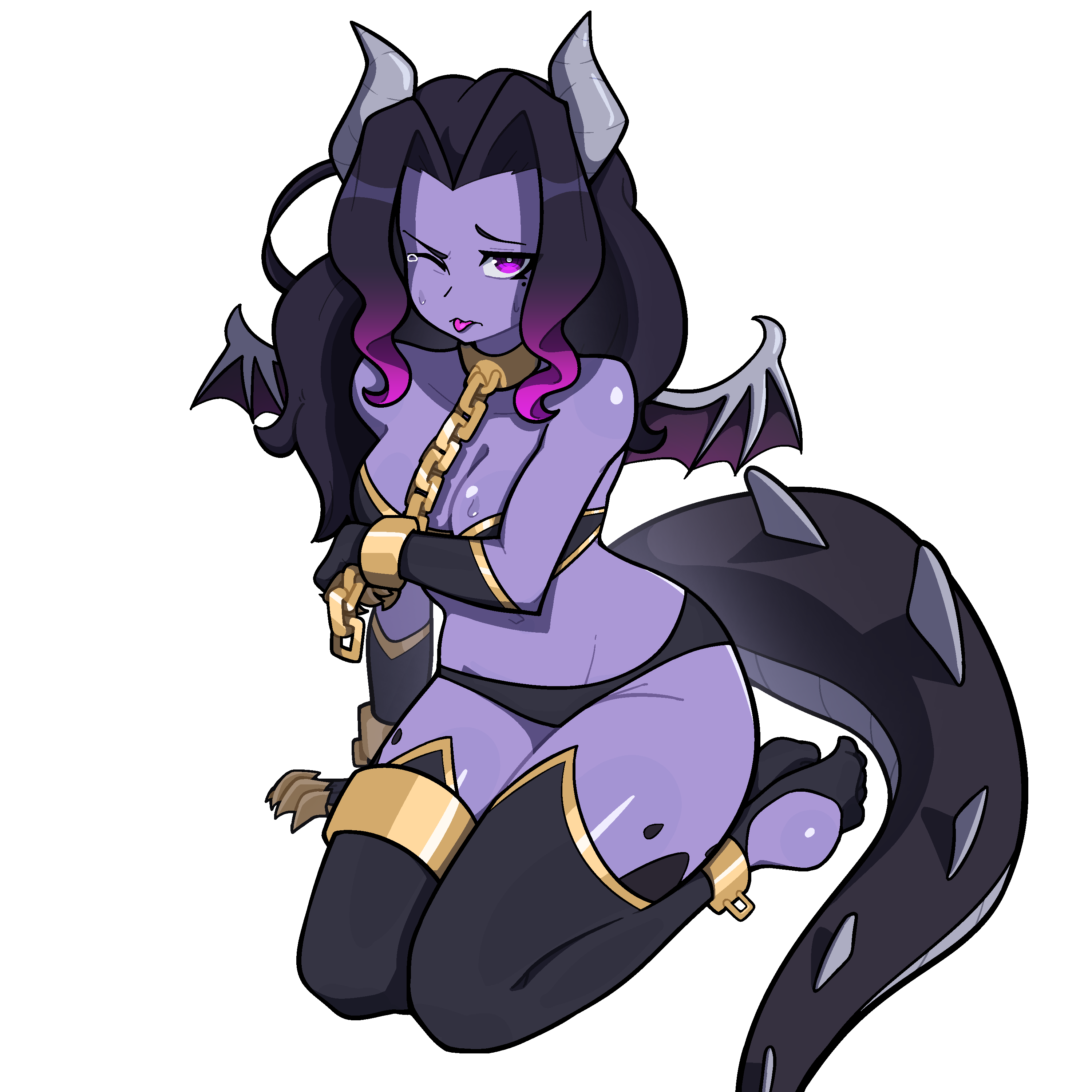 muds, ender dragon, minecraft, absurdres, highres, 1girl, bare shoulders, black thighhighs, breasts, cleavage, collarbone, colored skin, colored tongue, dragon girl, dragon horns, dragon tail, gradient hair, horns, large breasts, long hair, multicolored hair, one eye closed, personification, purple eyes, purple hair, purple skin, purple tongue, simple background, solo, tail, thighhighs, tongue, tongue out, two-tone hair, white background