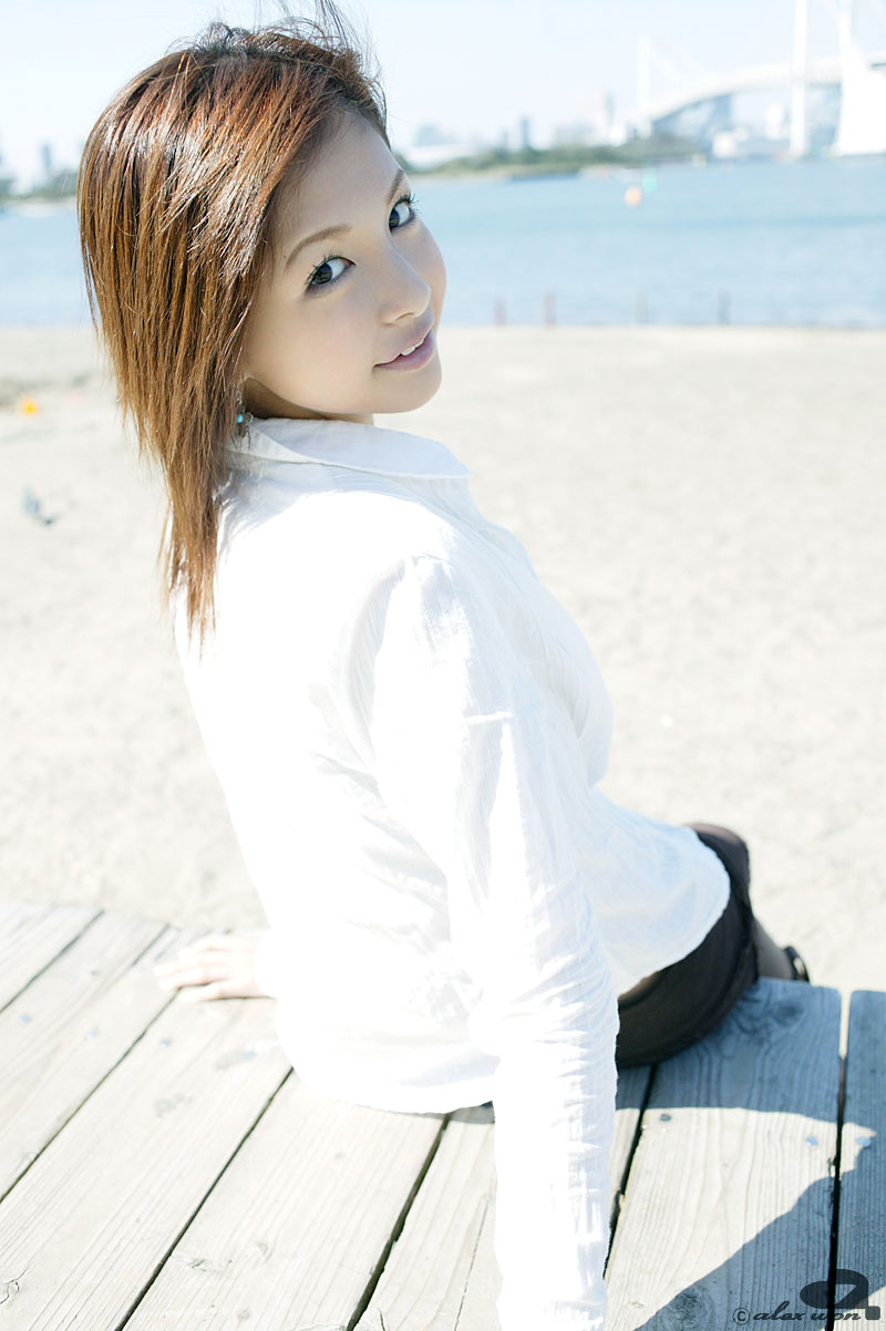nagasaki rina, highres, photo (medium), beach, dress shirt, miniskirt, shirt, skirt