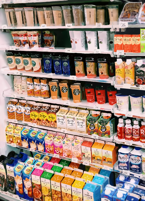 original, commentary, english commentary, translation request, art study, coffee, drink, grocery store, milk carton, no humans, pachoyeen, scenery, shelf