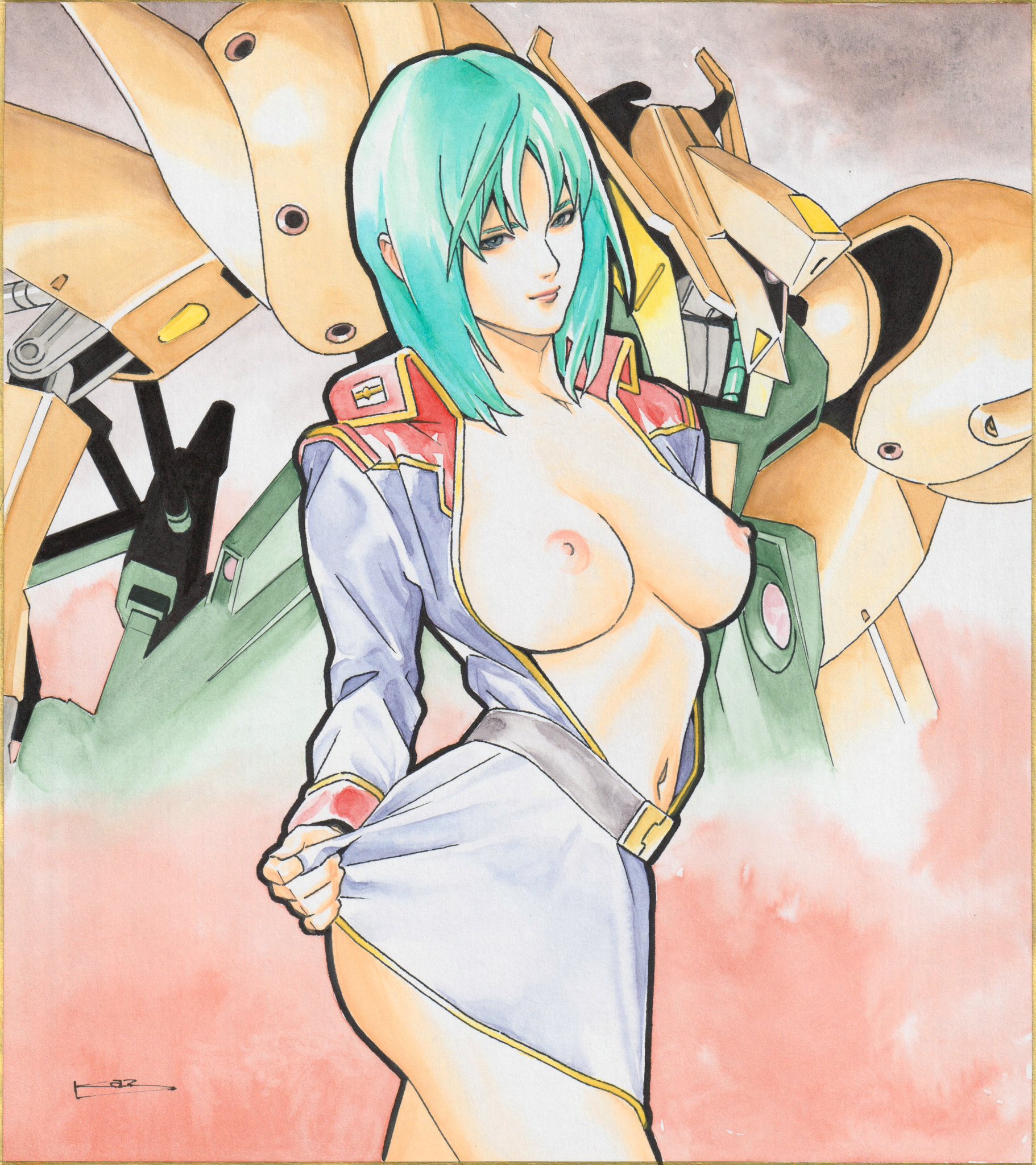 ikeda kazuhiro, gabthley, mouar pharaoh, gundam, zeta gundam, commentary, highres, traditional media, 1girl, belt, black belt, blue eyes, blue jacket, blue skirt, breasts, closed mouth, cowboy shot, from side, green hair, jacket, large breasts, light smile, long sleeves, looking at viewer, mecha, medium hair, military uniform, mobile suit, navel, nipples, one-eyed, open clothes, open jacket, purple eyes, robot, science fiction, shikishi, signature, skirt, standing, titans (gundam)