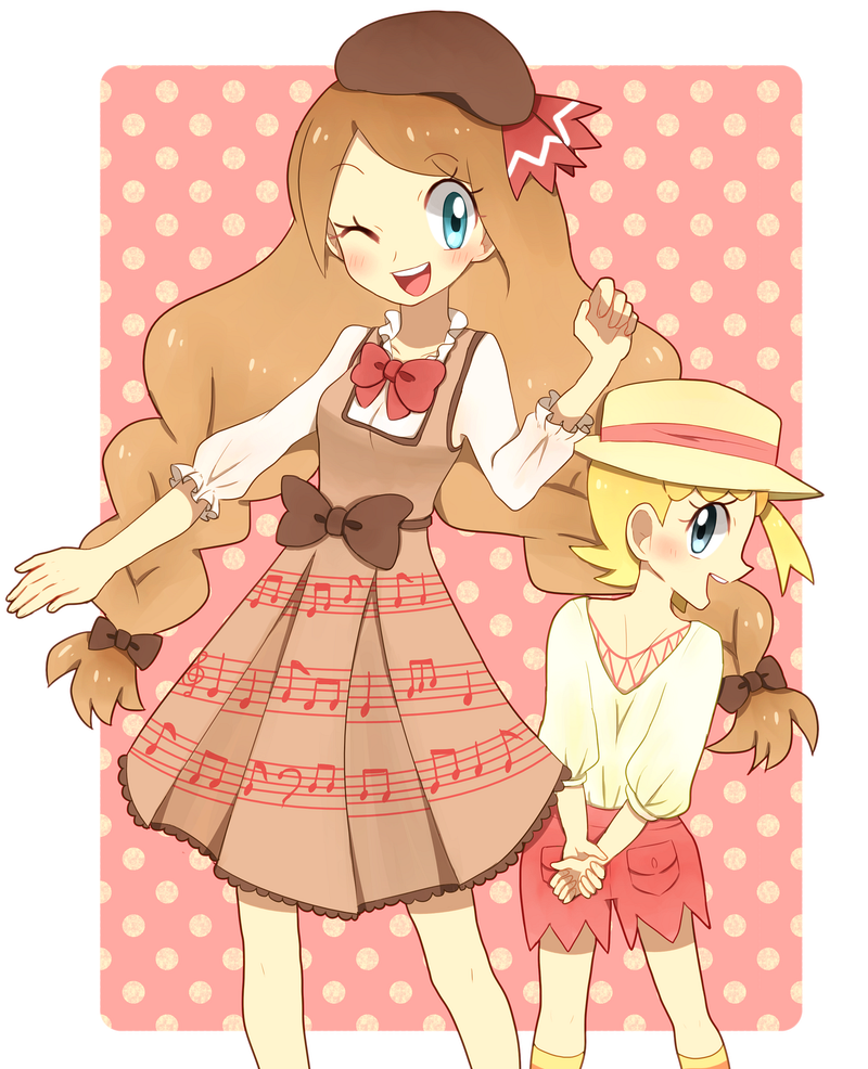 ako (ako0905), bonnie (pokemon), serena (pokemon), nintendo, pokemon, pokemon xy, commentary request, 2girls, ;d, alternate costume, alternate hairstyle, aqua eyes, arms behind back, blush, border, bow, braid, brown bow, brown dress, brown hair, brown hat, cowboy shot, dress, eyelashes, hair bow, hat, long hair, long sleeves, looking back, multiple girls, musical note, musical note print, one eye closed, one side up, open mouth, polka dot, polka dot background, red bow, red shorts, shirt, short hair, shorts, smile, teeth, twin braids, upper teeth only, white border, white hat, white shirt