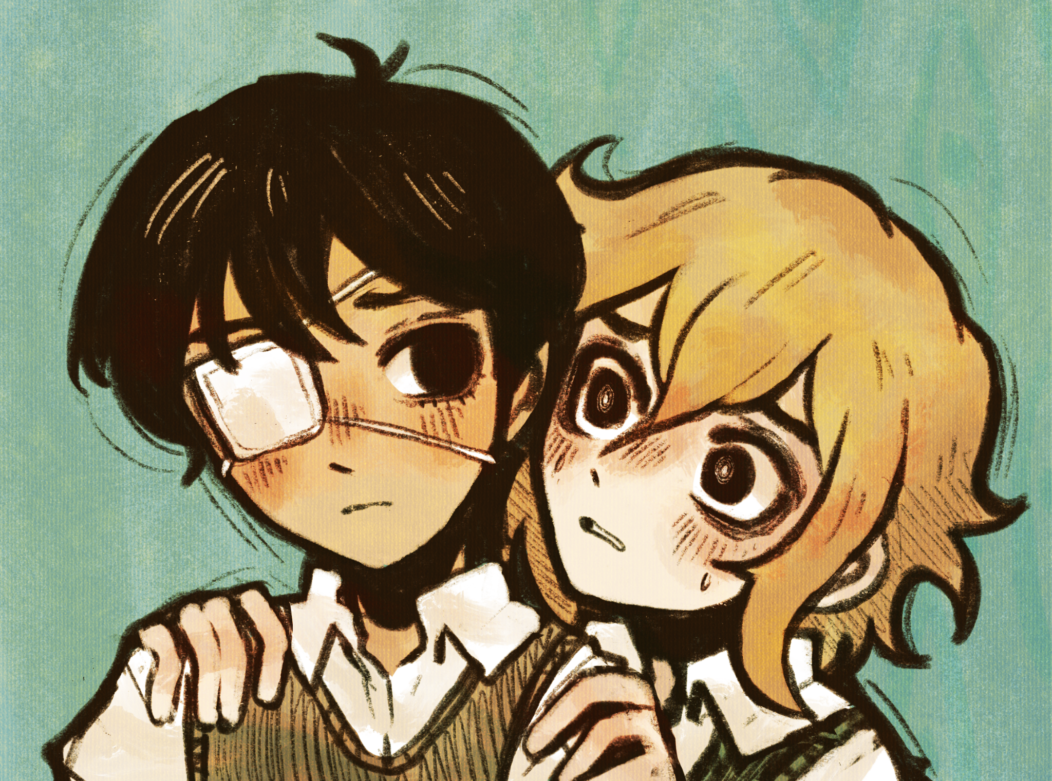 ottie pops, basil (faraway) (omori), basil (omori), sunny (omori), omori, highres, spoilers, 2boys, alternate eye color, antenna hair, black eyes, black hair, black sweater vest, blonde hair, closed mouth, collared shirt, eyepatch, green sweater vest, hands on another's shoulders, looking at another, male focus, multiple boys, parted lips, shirt, short hair, short sleeves, sweat, sweater vest, white shirt
