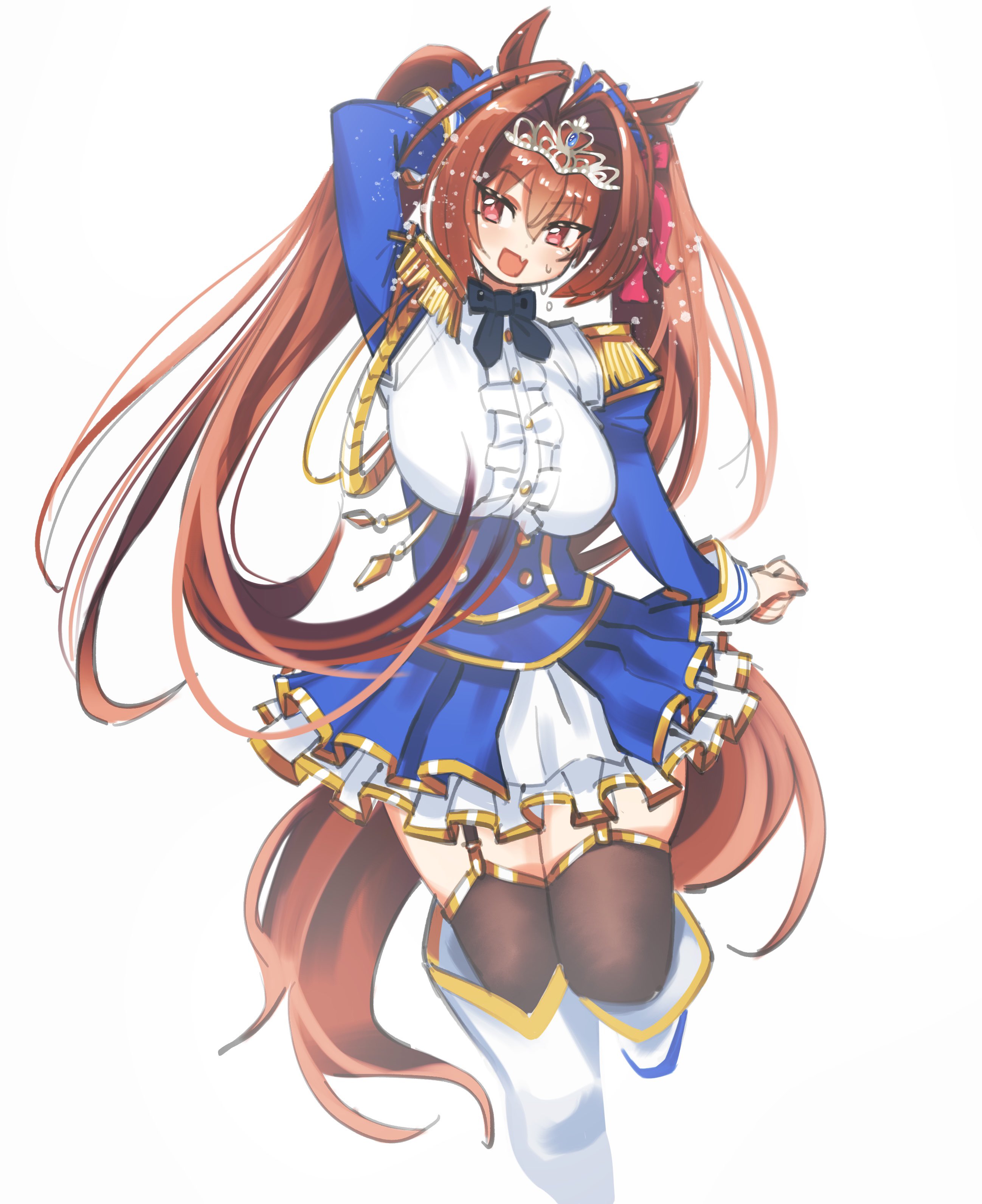 ceramicnoise, daiwa scarlet (umamusume), umamusume, absurdres, commentary, english commentary, highres, 1girl, animal ears, arm behind head, black thighhighs, blue jacket, boots, bow, breasts, brown bow, brown eyes, brown hair, epaulettes, garter straps, horse ears, horse girl, horse tail, jacket, knee boots, large breasts, long hair, looking to the side, open mouth, pink eyes, shirt, simple background, skin fant, smile, solo, sweat, tail, thighhighs, twintails, very long hair, white background, white boots, white shirt