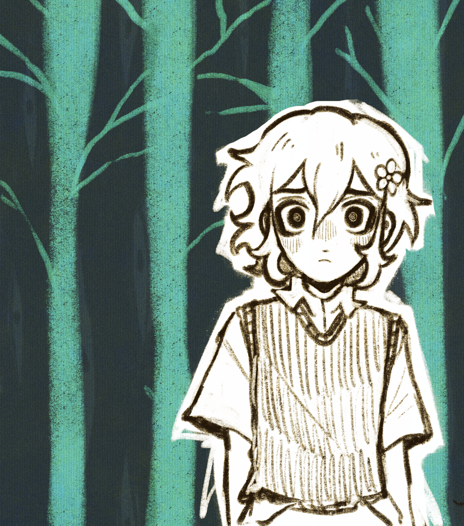 ottie pops, basil (faraway) (omori), basil (omori), omori, highres, 1boy, closed mouth, collared shirt, double-parted bangs, flower, greyscale with colored background, hair flower, hair ornament, looking at viewer, male focus, shirt, short hair, short sleeves, solo, sweater vest, upper body