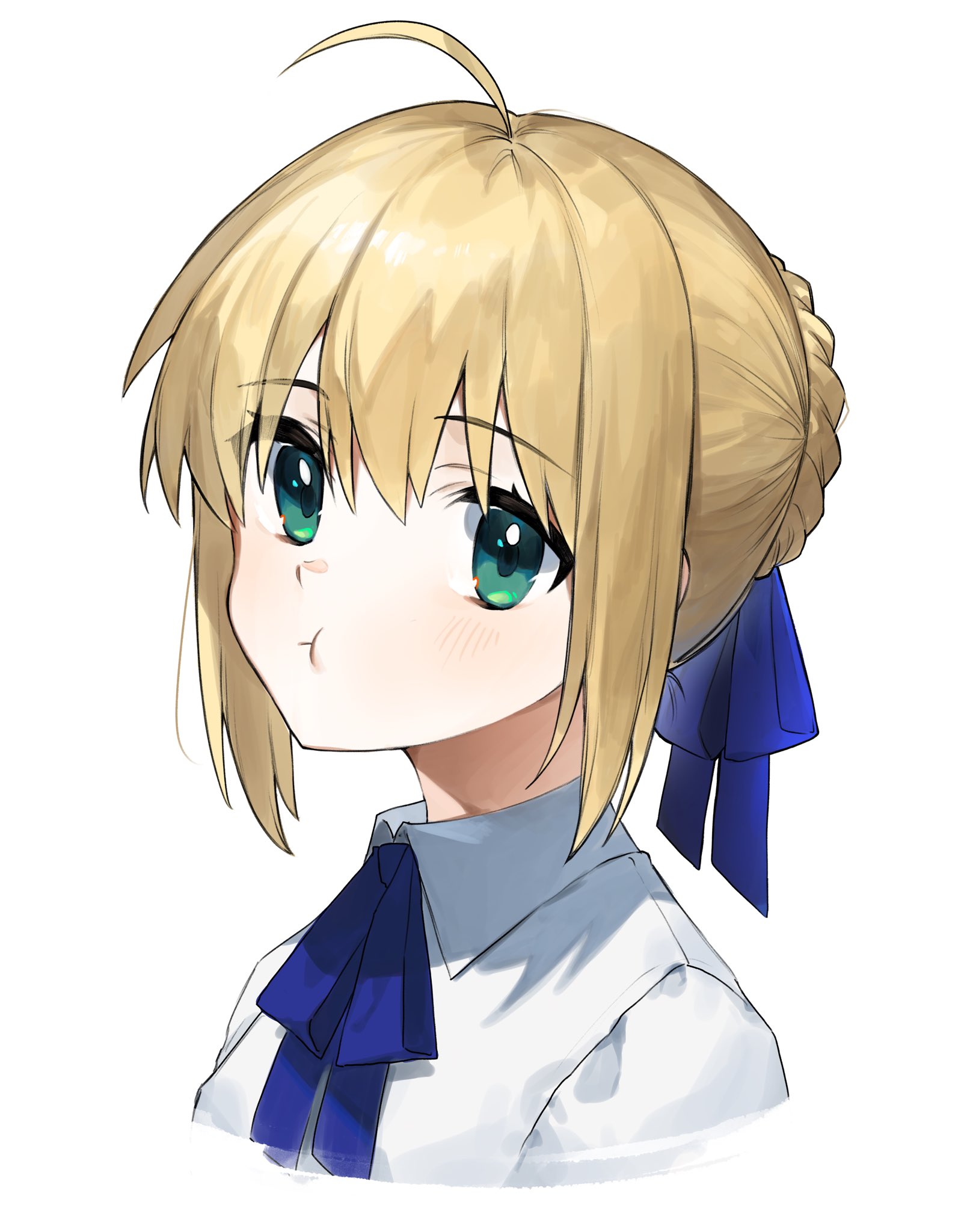 yamabuki otk, artoria pendragon (fate), saber (fate), fate/stay night, fate (series), highres, 1girl, ahoge, blonde hair, blue ribbon, braid, collared shirt, green eyes, hair between eyes, hair ribbon, looking at viewer, neck ribbon, pout, ribbon, shirt, short hair, simple background, solo, white background, white shirt