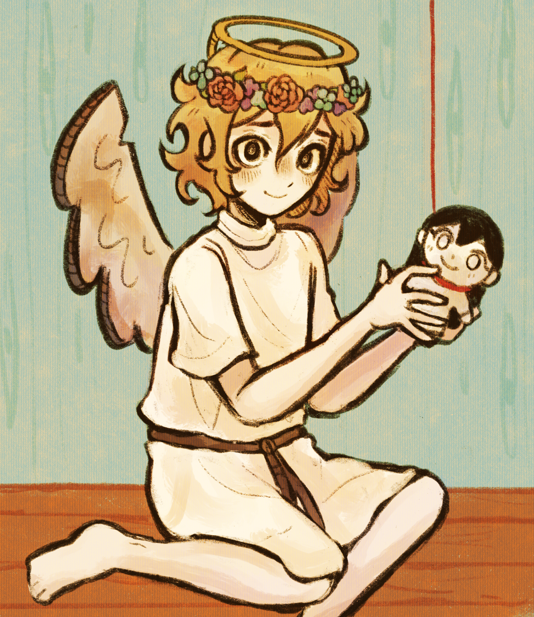 ottie pops, basil (faraway) (omori), basil (omori), mari (omori), mari (spirit) (omori), omori, highres, spoilers, 1boy, alternate eye color, barefoot, black eyes, blonde hair, blush, character doll, closed mouth, doll, fake halo, fake wings, flower, halo, head wreath, holding, holding stuffed toy, looking at viewer, male focus, short hair, short sleeves, solo, stuffed toy, wings