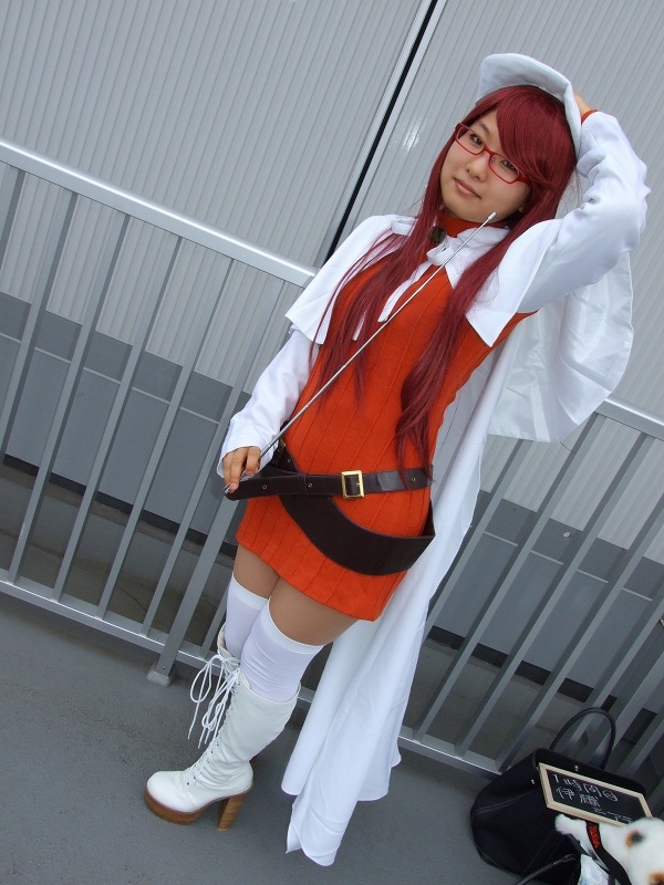 aty, mitsuo (model), summon night, summon night 3, photo (medium), 1girl, belt, beret, boots, cape, cosplay, dress, female focus, glasses, hat, long hair, red hair, solo, thighhighs