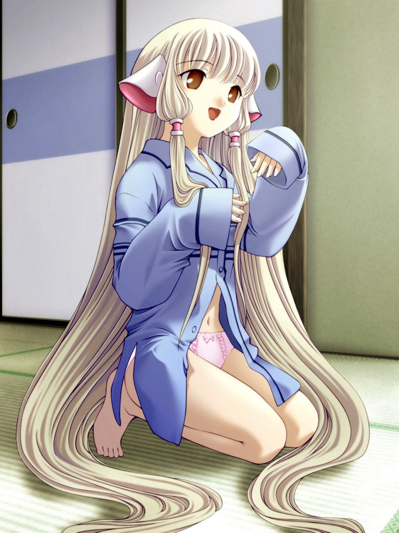 acid head, chii, chobits, 00s, 1girl, absurdly long hair, blonde hair, female focus, hair spread out, happy, indoors, kneeling, long hair, moe (phrase), oversized clothes, panties, robe, solo, underwear, very long hair