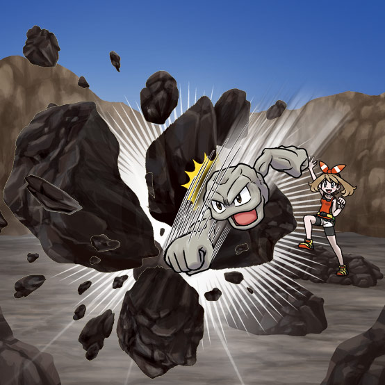 geodude, may (pokemon), nintendo, pokemon, pokemon oras, artist request, commentary request, official art, second-party source, 1girl, arm up, bike shorts, bike shorts under shorts, black shorts, blue sky, brown hair, clear sky, clenched hand, clenched hands, day, debris, gen 1 pokemon, grey eyes, hair ribbon, medium hair, motion lines, open mouth, outdoors, pokemon (creature), pokemon move, punching, red ribbon, red shirt, ribbon, rock, rock smash (pokemon), shirt, shoes, shorts, sky, sleeveless, sleeveless shirt, smile, white shorts