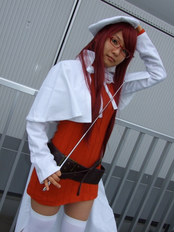 aty, mitsuo (model), summon night, summon night 3, photo (medium), 1girl, belt, beret, cape, cosplay, dress, female focus, glasses, hat, long hair, red hair, solo, thighhighs