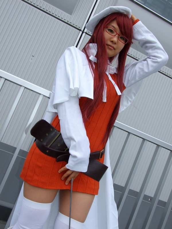 aty, mitsuo (model), summon night, summon night 3, photo (medium), 1girl, belt, beret, boots, cape, cosplay, dress, female focus, glasses, hat, long hair, red hair, solo, thighhighs