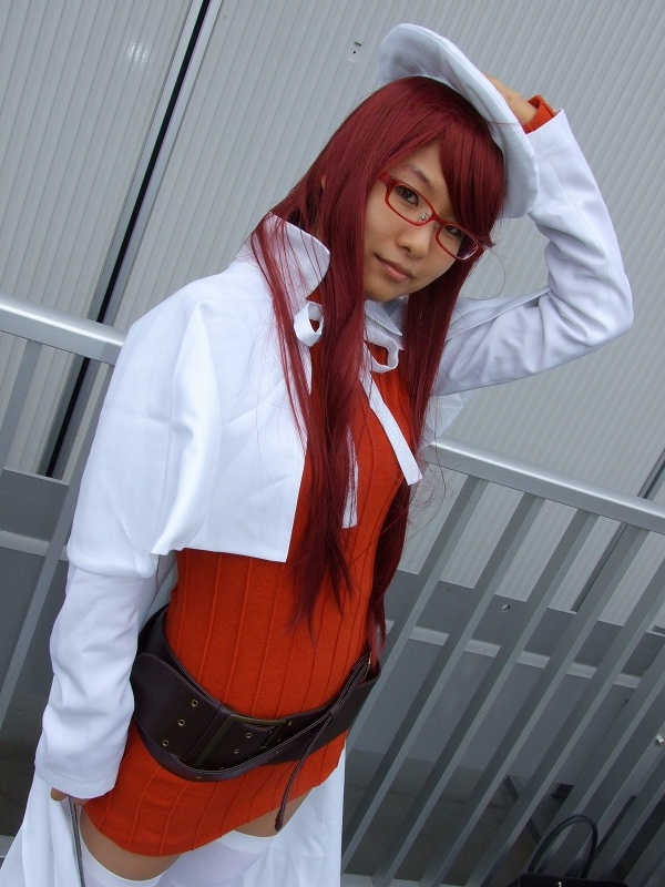 aty, mitsuo (model), summon night, summon night 3, photo (medium), 1girl, belt, beret, cape, cosplay, dress, female focus, glasses, hat, long hair, red hair, solo, thighhighs
