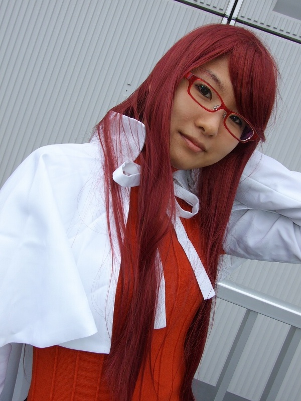aty, mitsuo (model), summon night, summon night 3, photo (medium), 1girl, belt, cape, cosplay, dress, female focus, glasses, long hair, red hair, solo