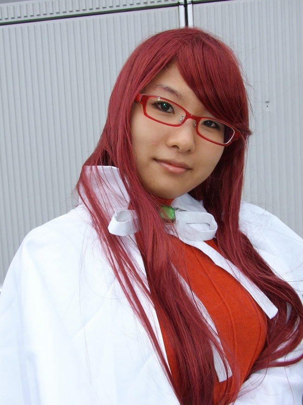 aty, mitsuo (model), summon night, summon night 3, photo (medium), 1girl, belt, cape, cosplay, dress, female focus, glasses, long hair, red hair, solo